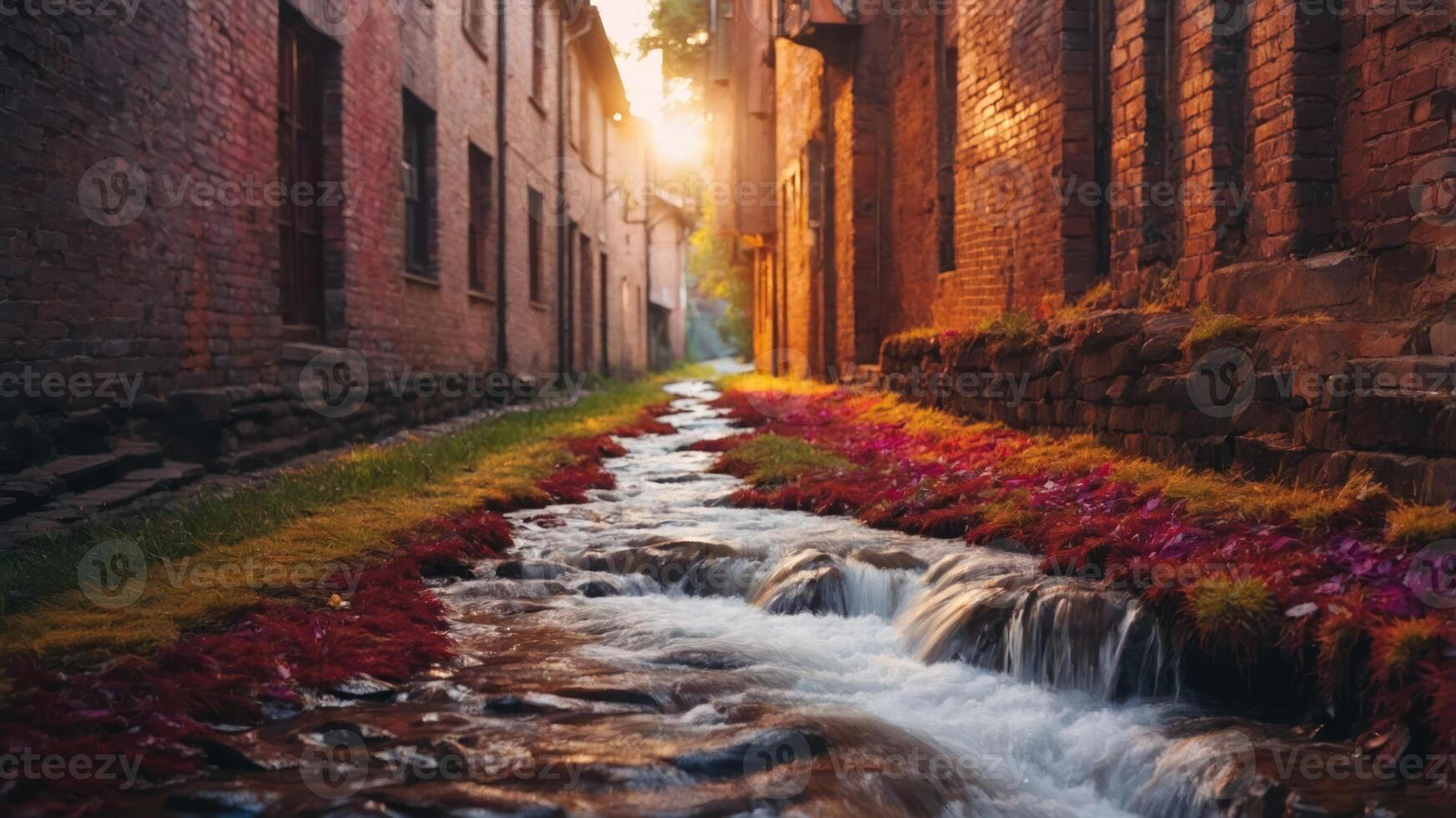 A serene waterway flows through a quaint, brick-lined alley, adorned with colorful foliage. photo