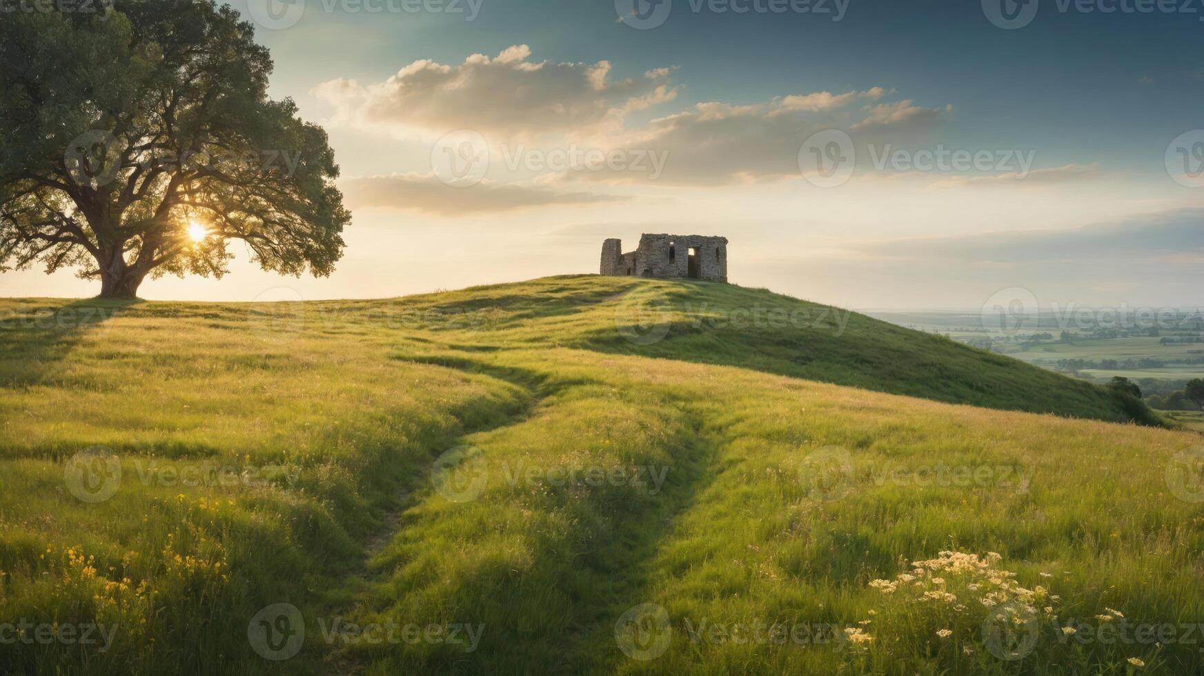 A serene landscape featuring a hill, an ancient structure, and a large tree at sunset. photo
