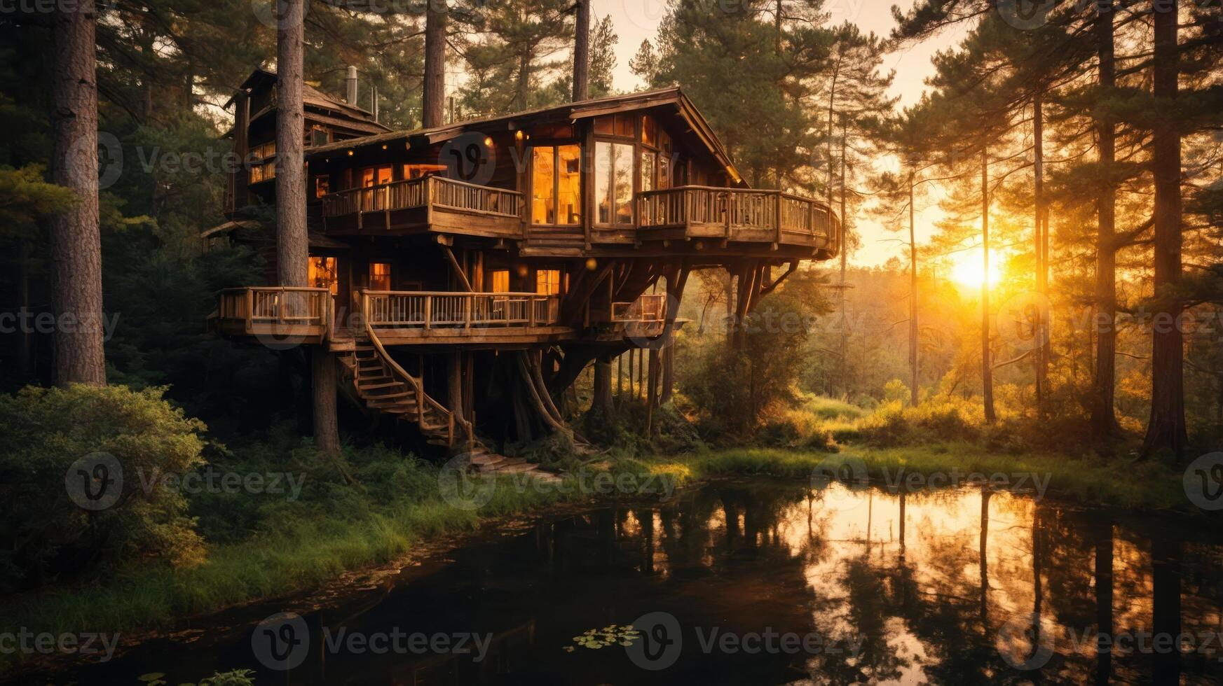 A scenic treehouse at sunset near a tranquil pond, surrounded by tall trees. photo