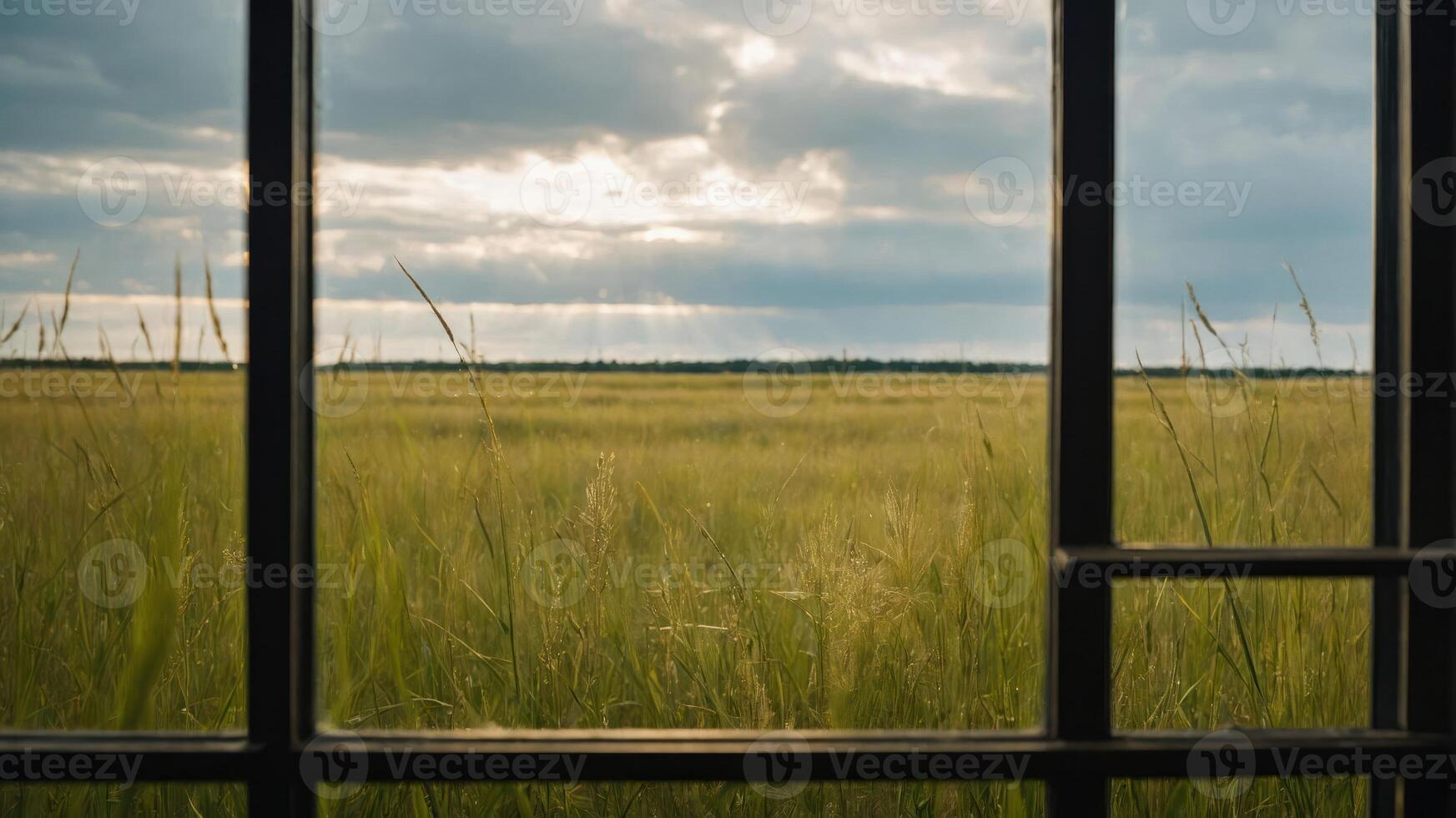 A serene view of a grassy field framed by a window, capturing nature's beauty. photo