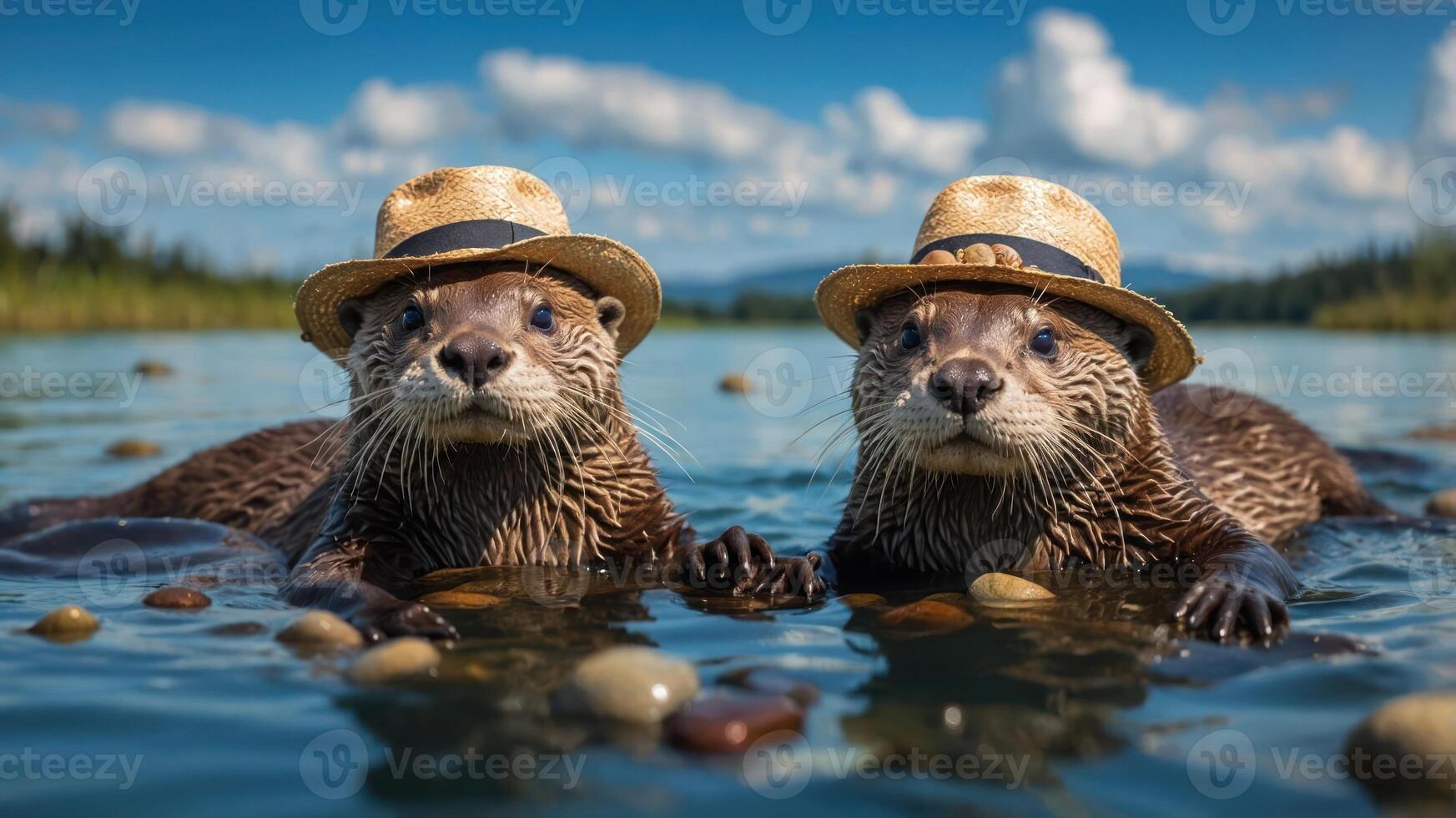 Two otters wearing straw hats floating in a serene lake with a scenic backdrop. photo