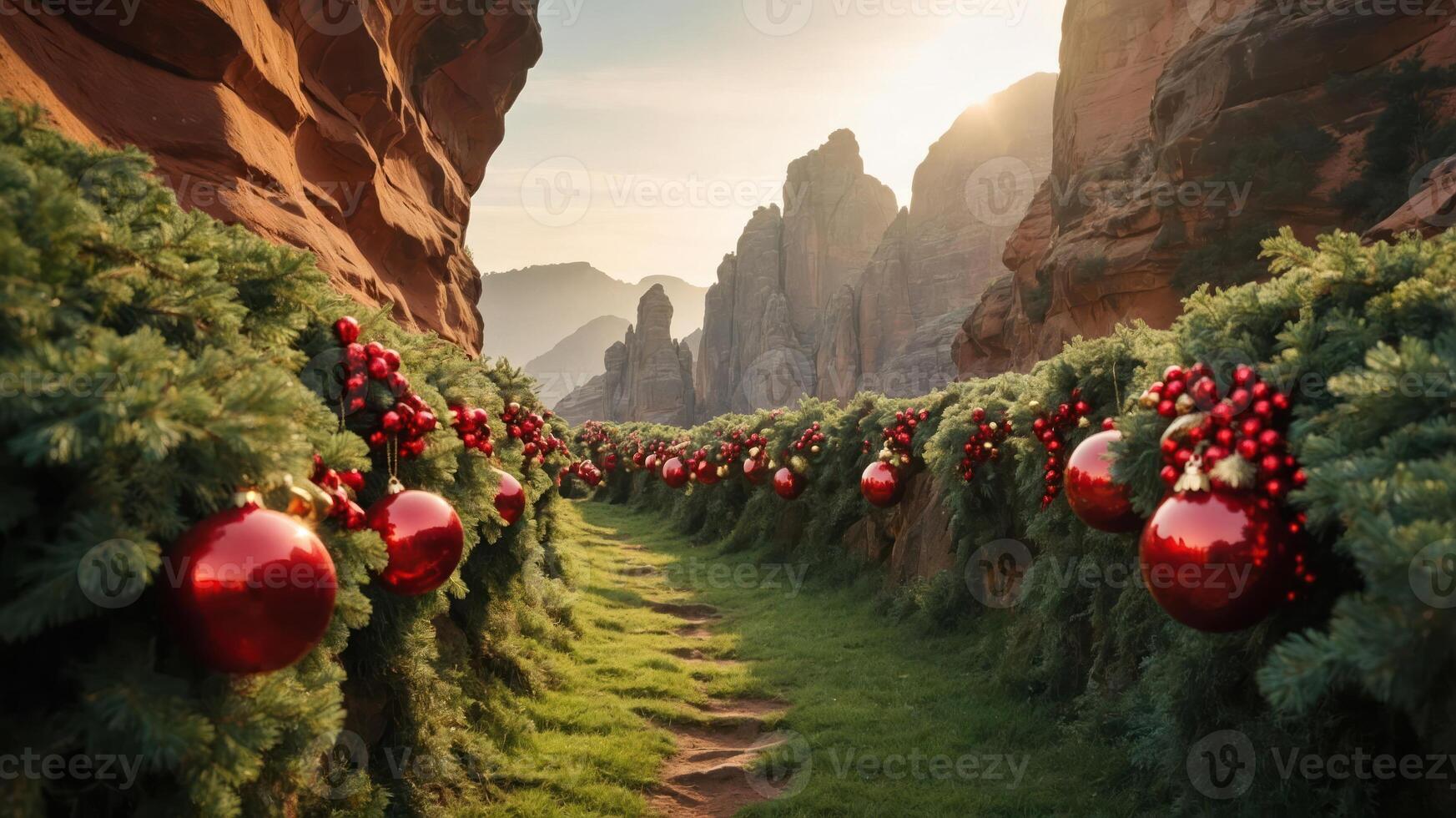 A scenic pathway adorned with festive decorations and red ornaments amidst natural landscapes. photo