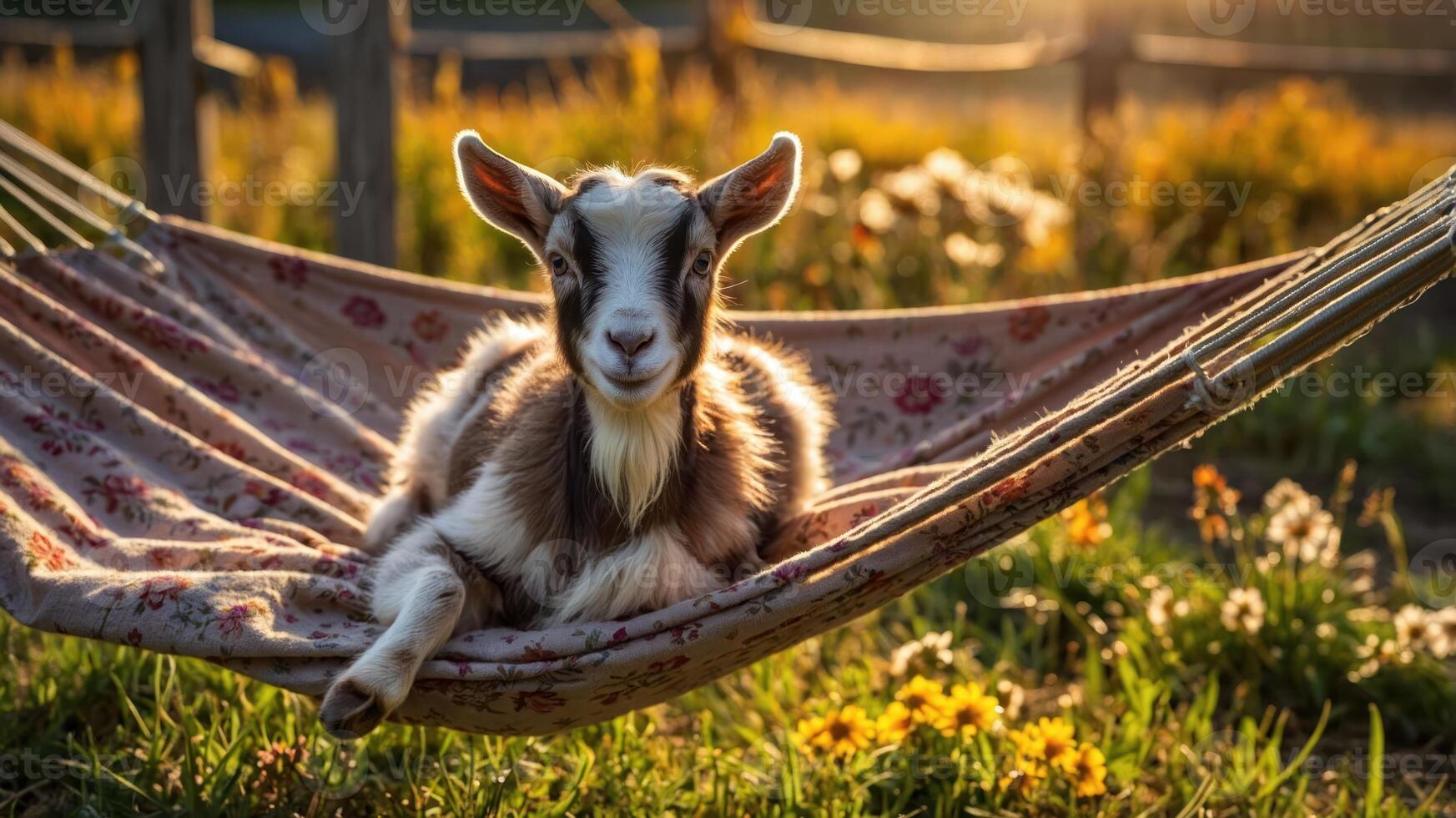 A goat relaxing in a hammock surrounded by flowers in a sunny field. photo