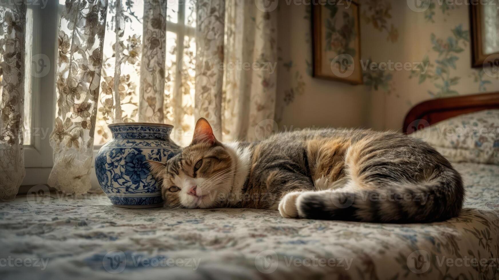 A cozy cat resting beside a decorative vase in a warmly lit room. photo