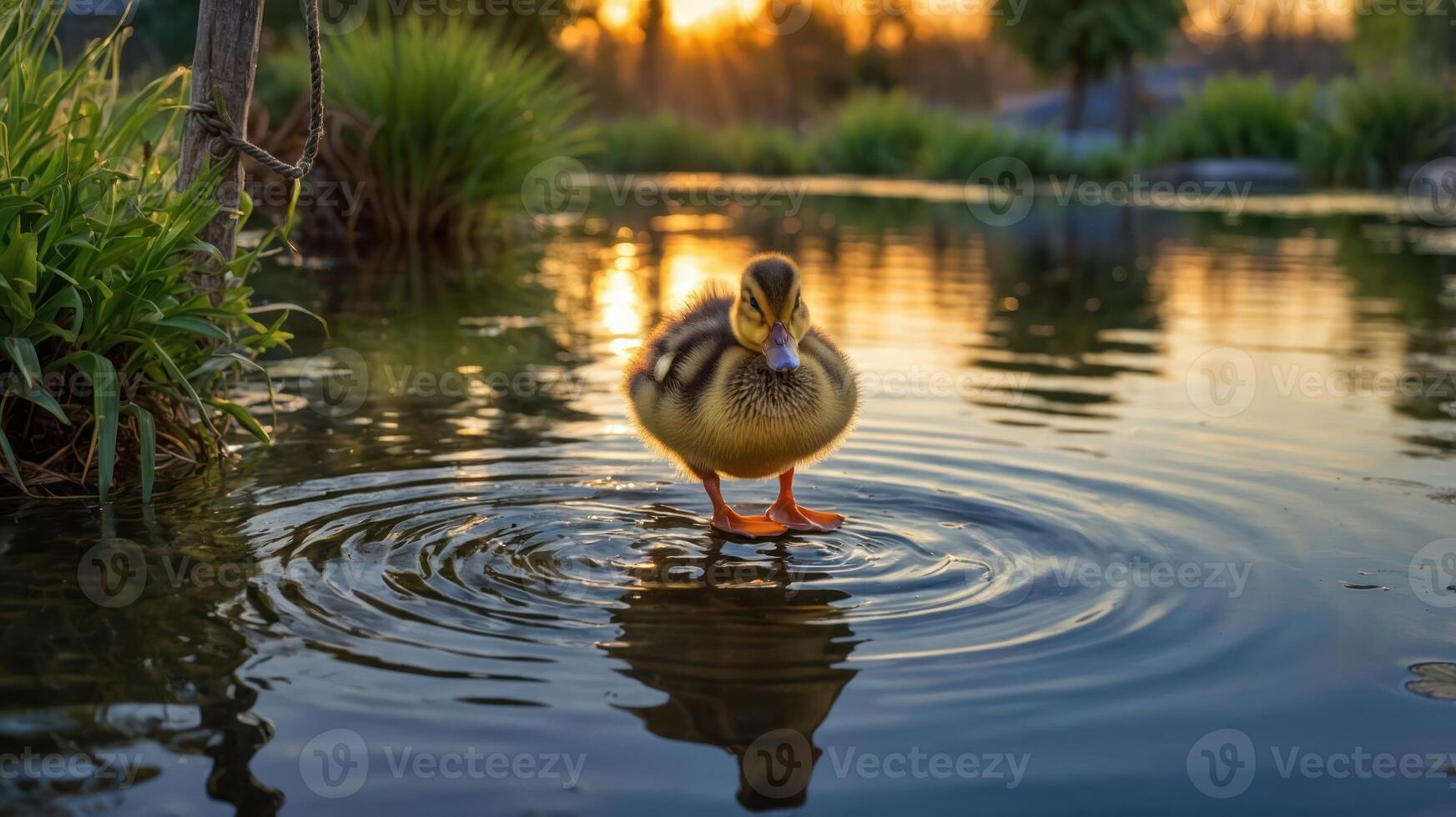 A duckling stands in a serene pond at sunset, creating ripples in the water. photo