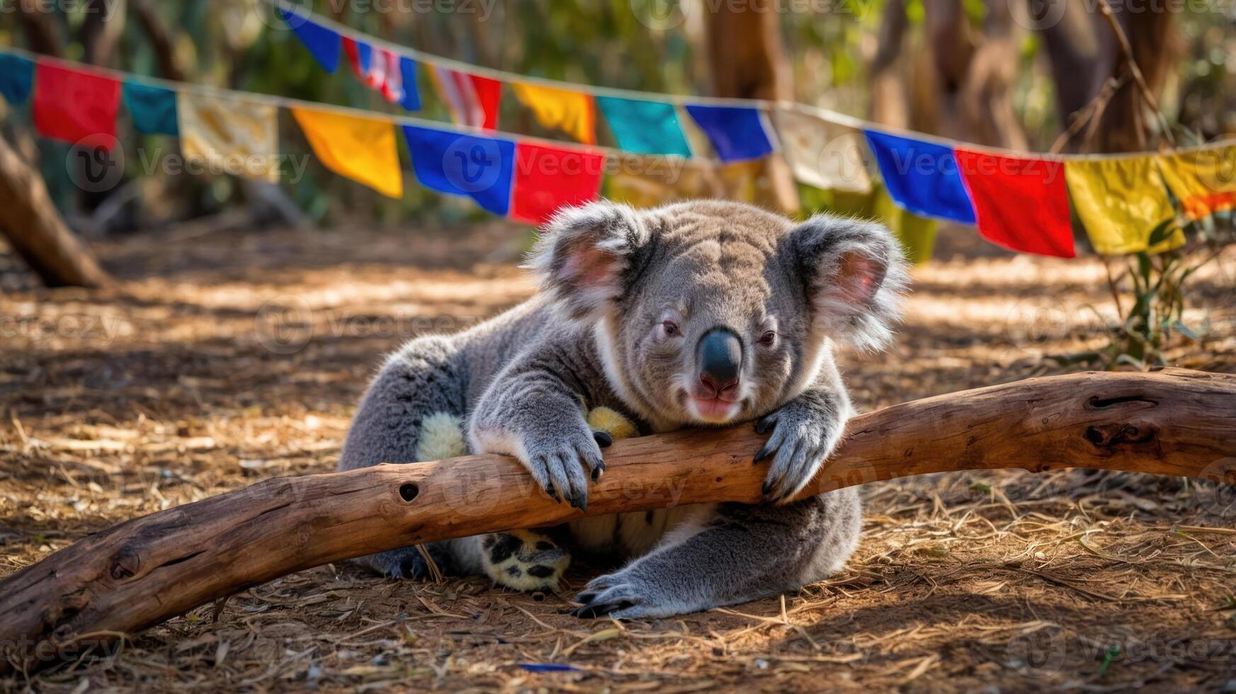 A koala resting on a branch in a forest setting with colorful flags in the background. photo