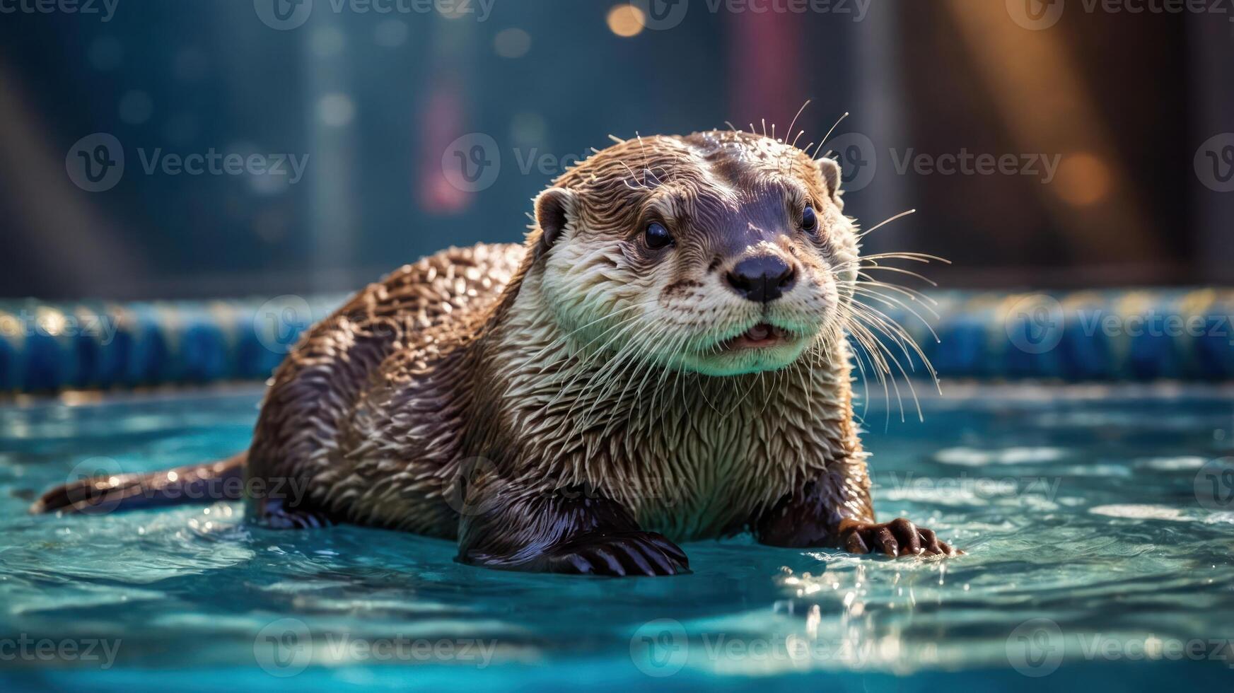 A playful otter emerging from water, showcasing its sleek fur and curious expression. photo
