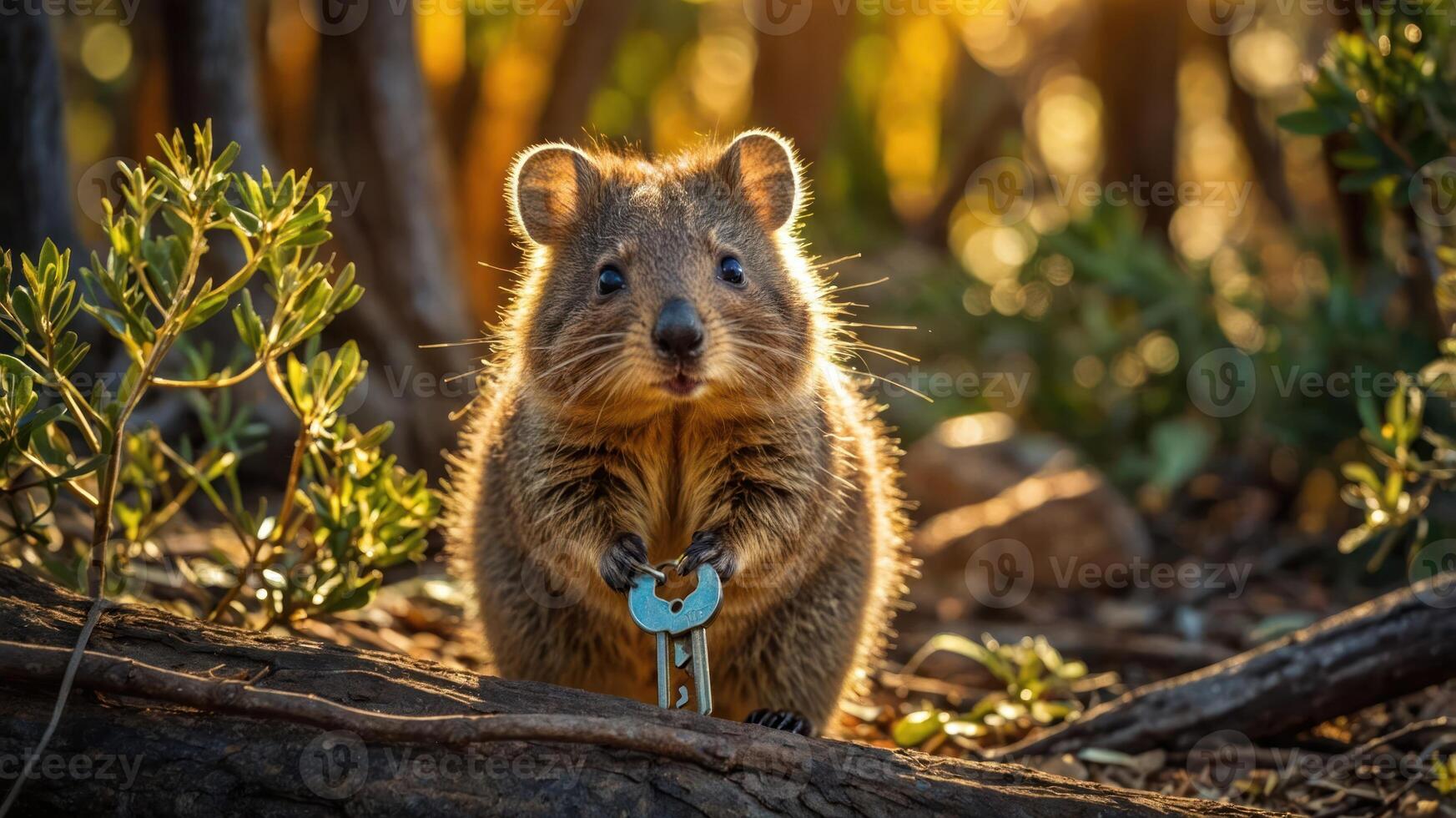 A cute quokka holding a key stands amidst greenery in golden sunlight. photo