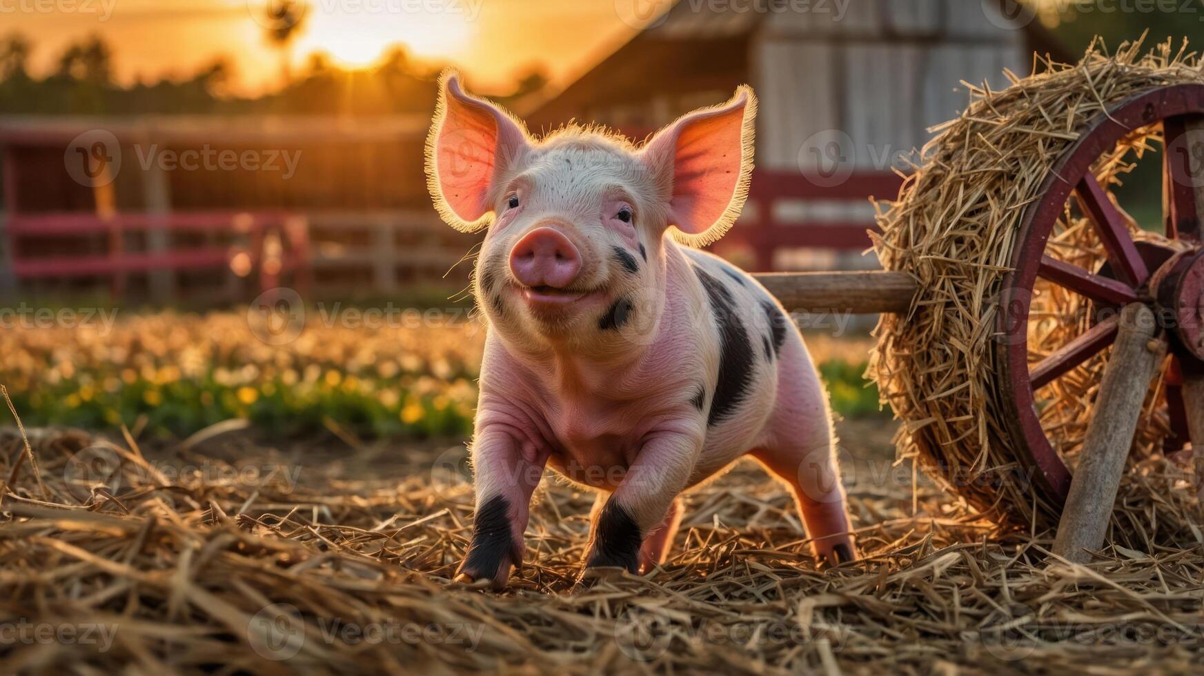 A cheerful piglet running in a sunny farmyard with a hay cart in the background. photo