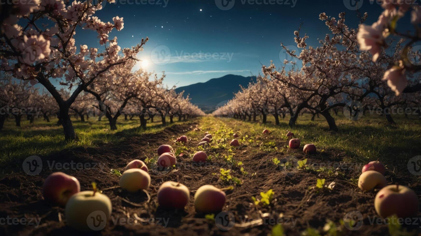 A serene orchard at night, with apple trees and fallen apples under a starry sky. photo