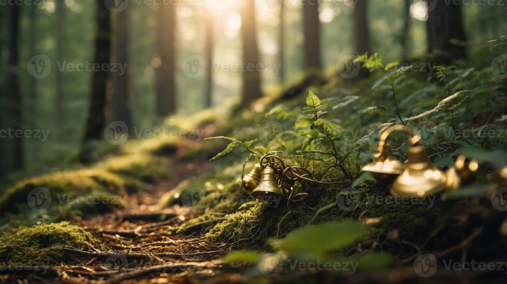 A serene forest path with golden bells nestled among lush greenery. photo