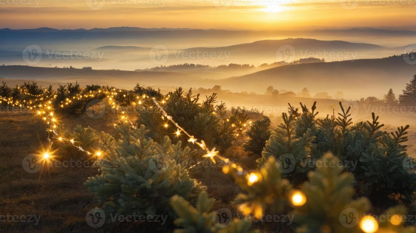 A serene landscape at sunrise with twinkling lights among trees. photo