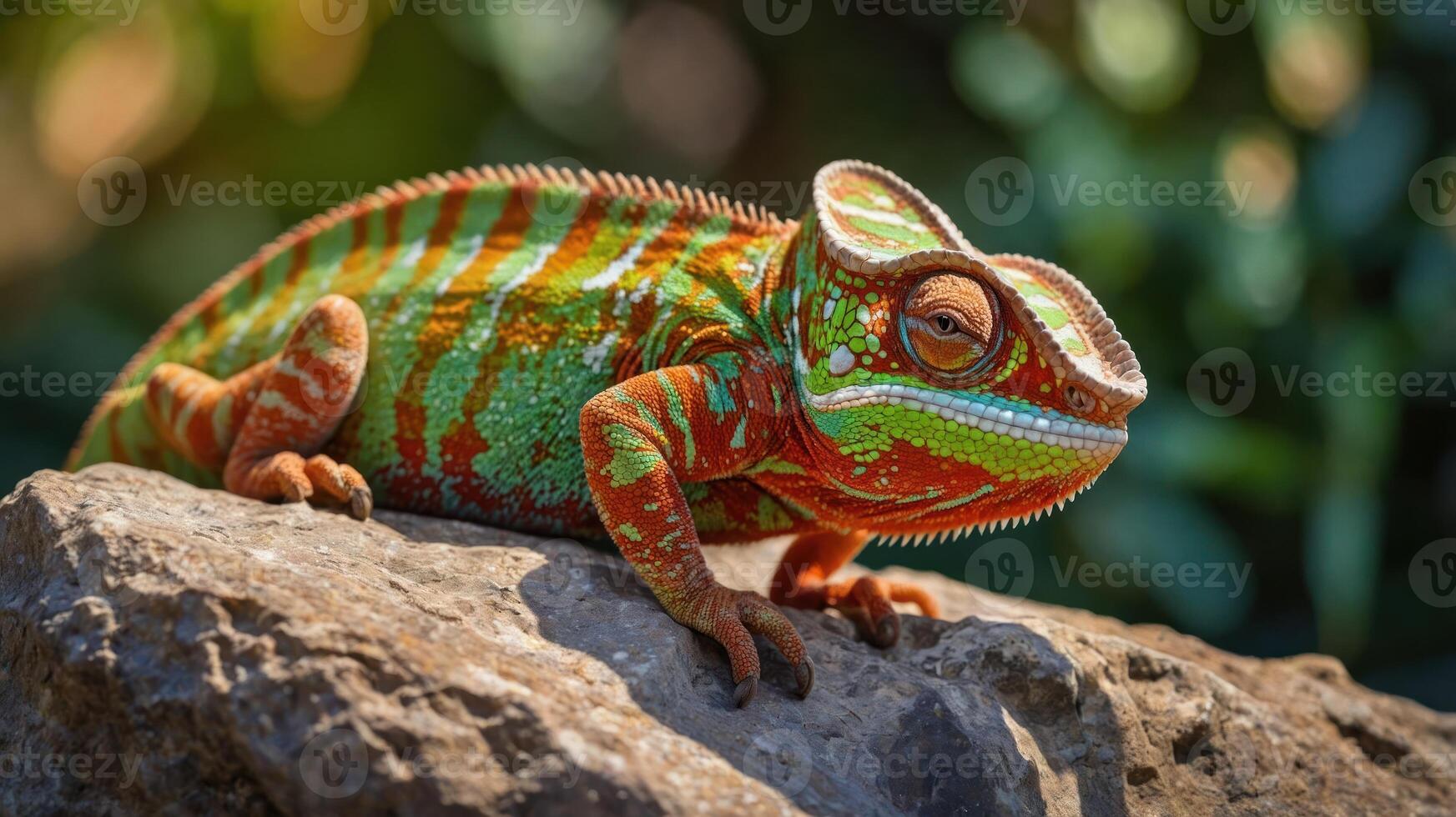 A vibrant chameleon resting on a rock, showcasing its colorful scales in natural light. photo