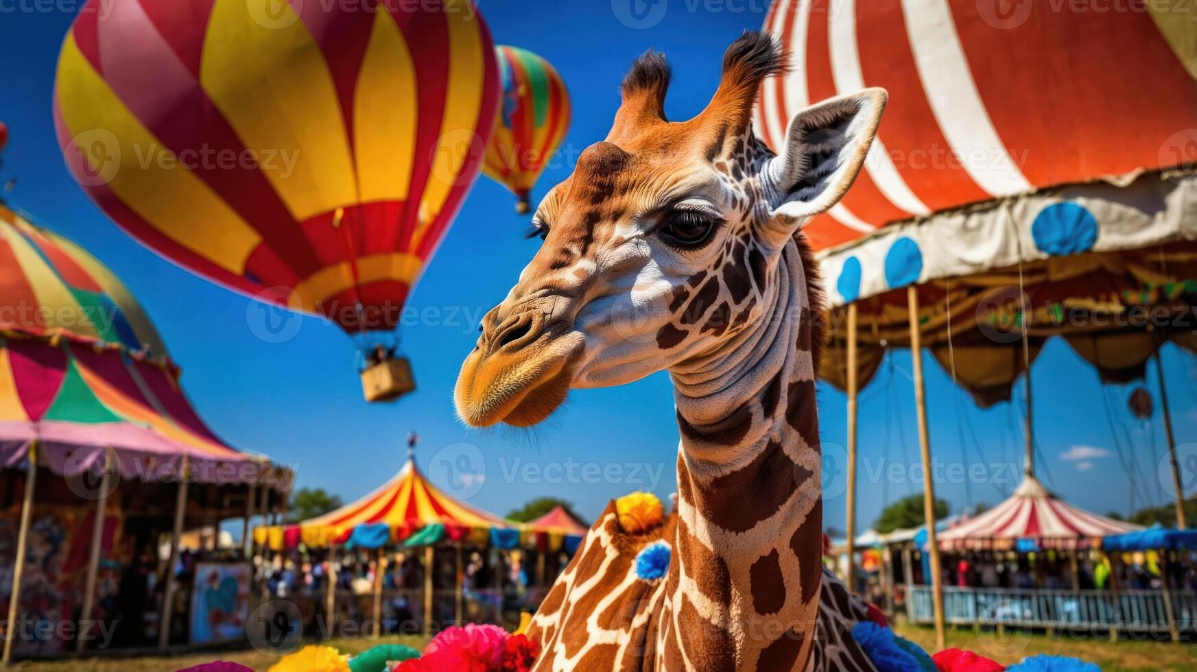 A giraffe adorned with colorful decorations in front of vibrant hot air balloons and tents. photo