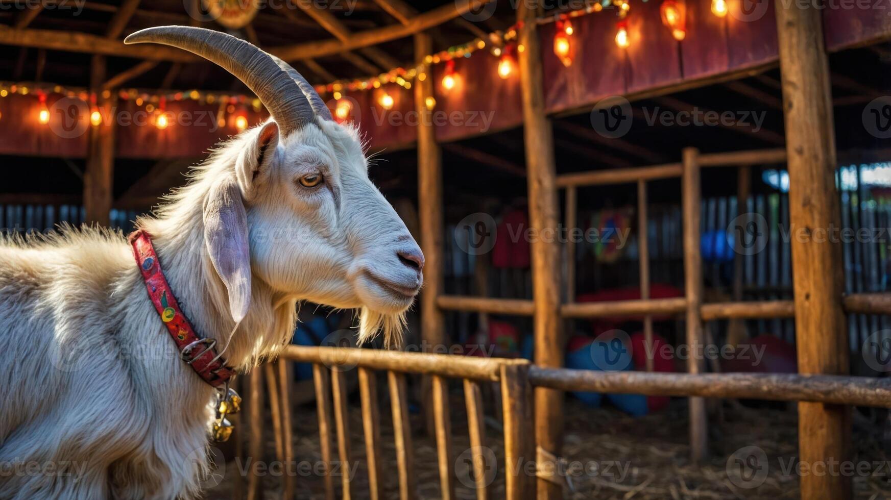 A goat stands in a cozy barn adorned with festive lights, creating a warm atmosphere. photo