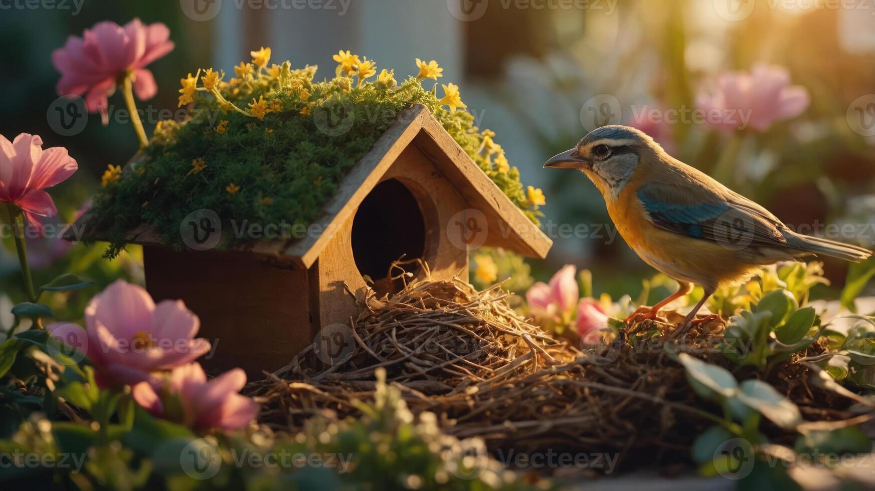A vibrant bird near a cozy birdhouse surrounded by colorful flowers in a serene garden. photo