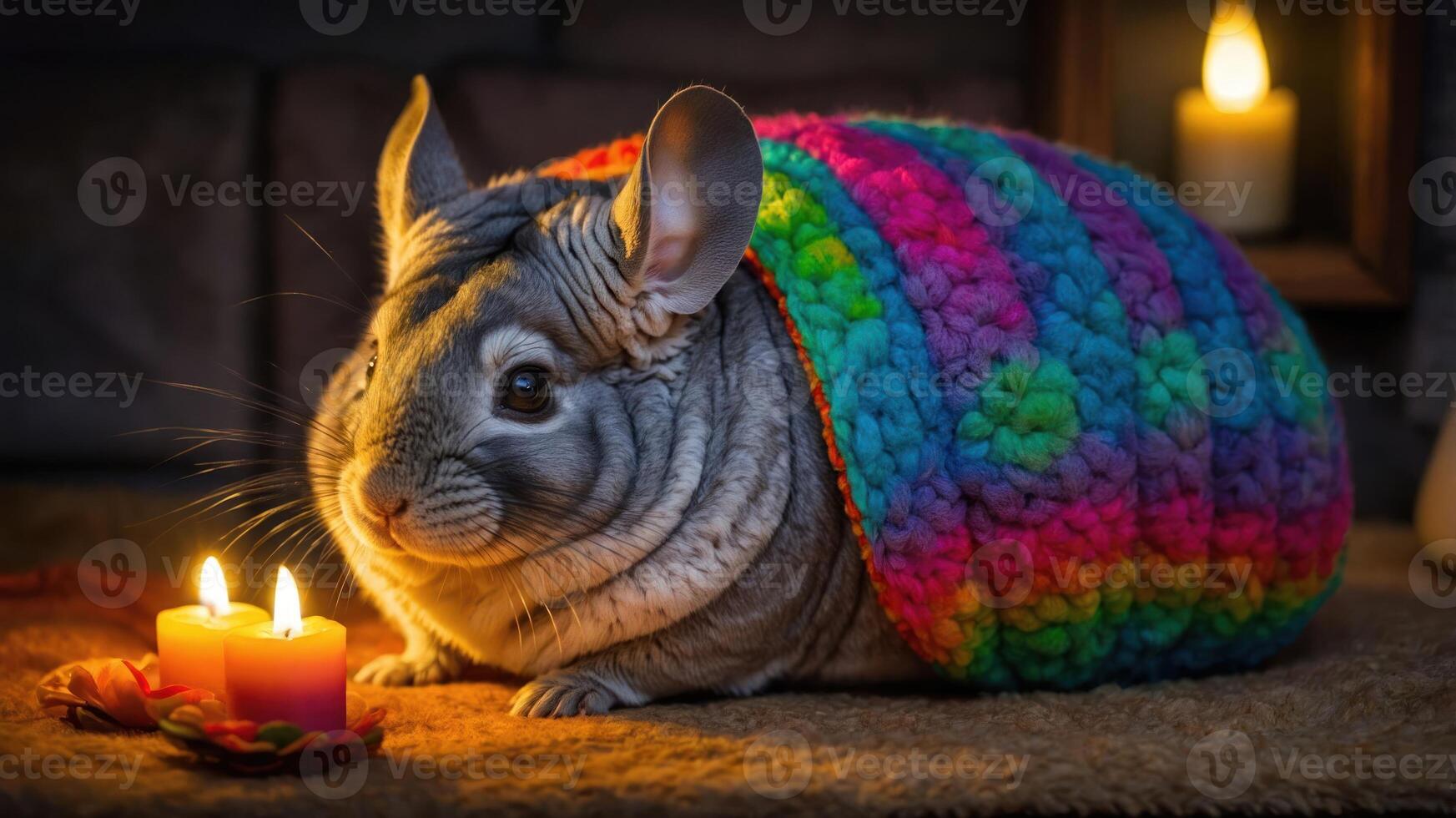 A cozy chinchilla wrapped in a colorful blanket near candles. photo