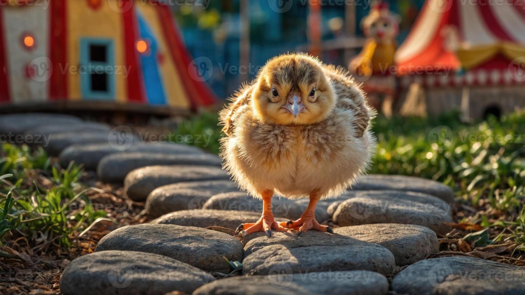 A fluffy chick stands on a stone path in a colorful carnival setting. photo