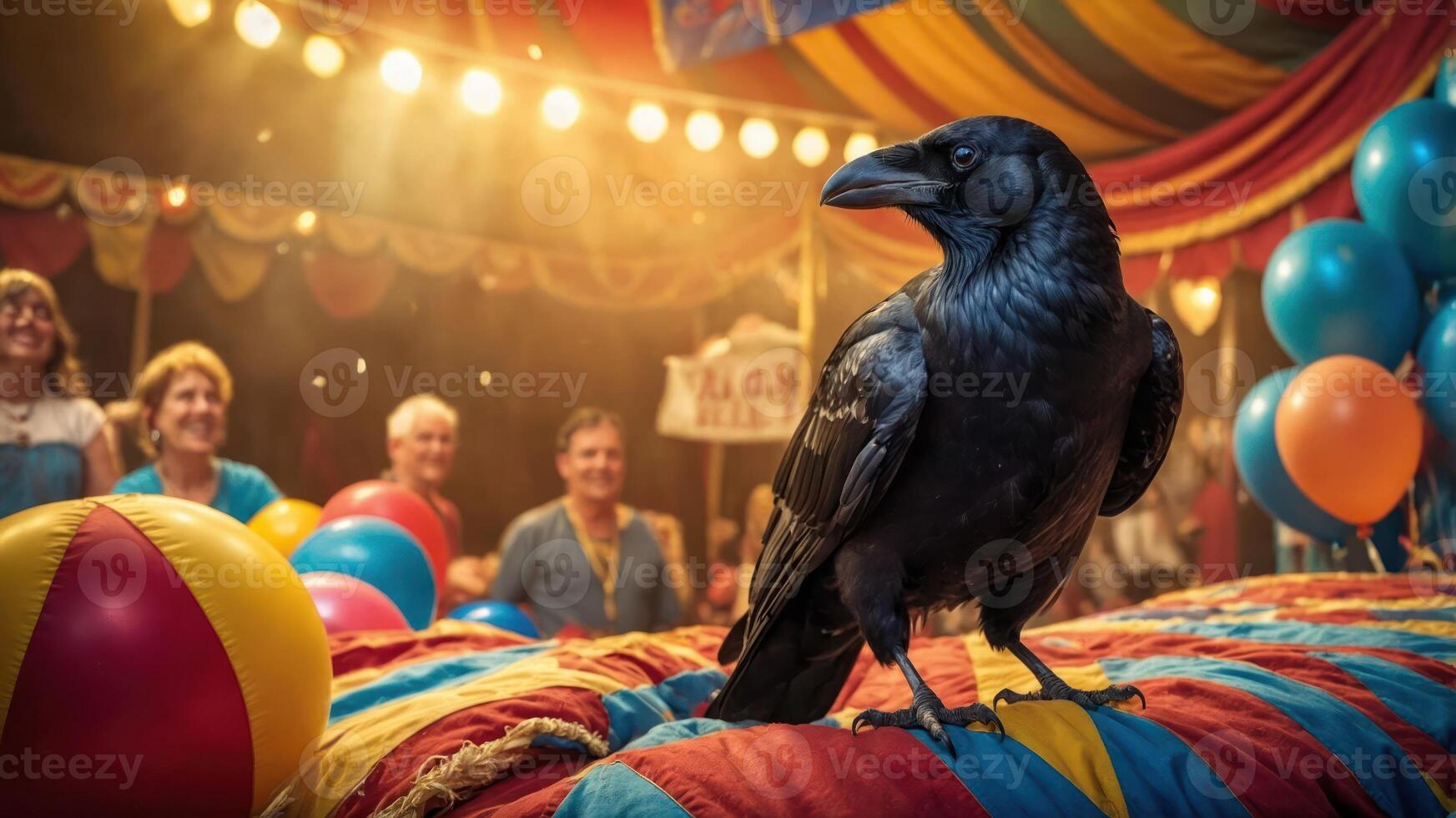 A raven perched on colorful circus props with an audience in the background. photo