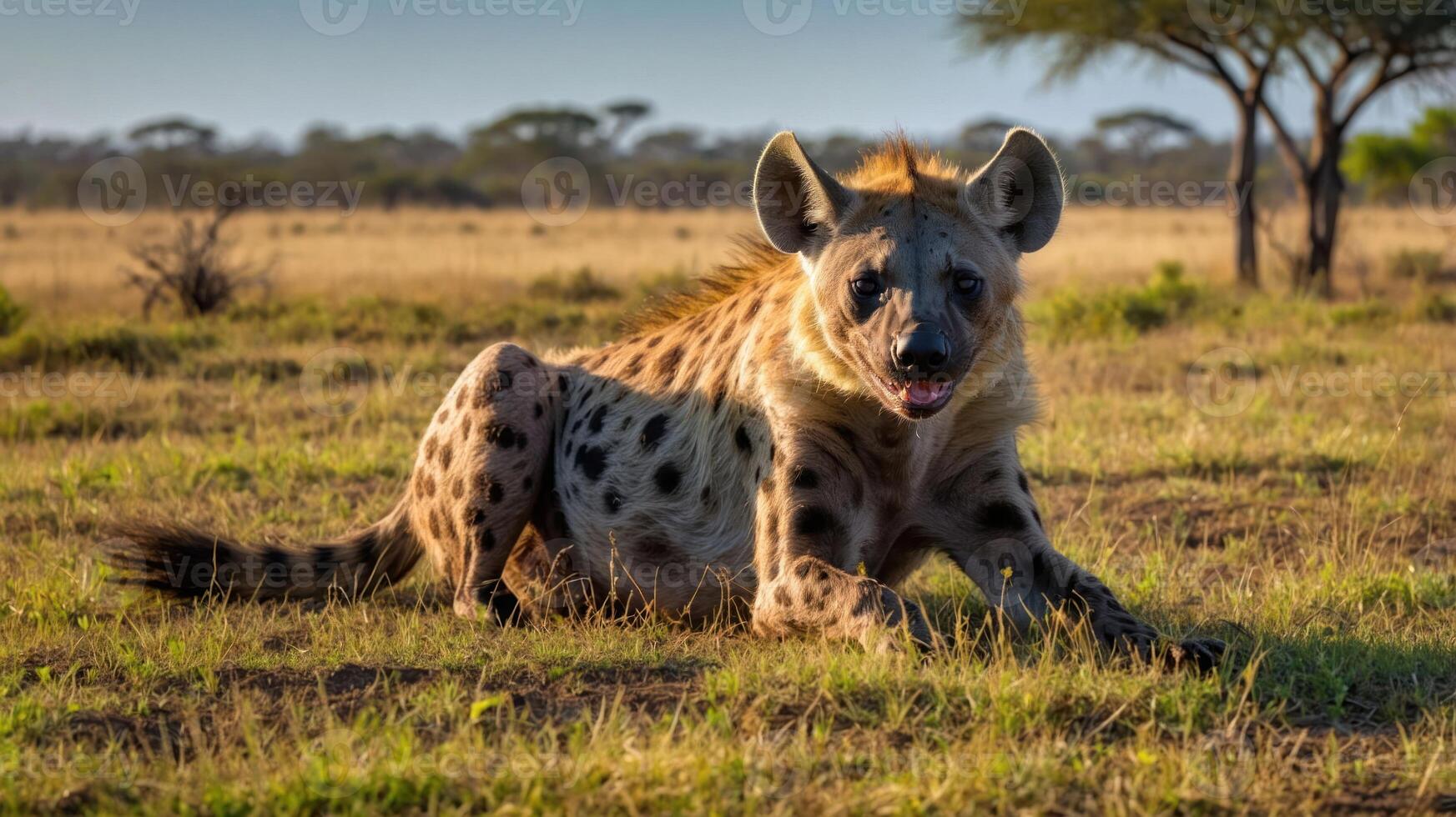 A hyena resting on the grass in a savannah landscape under a clear sky. photo