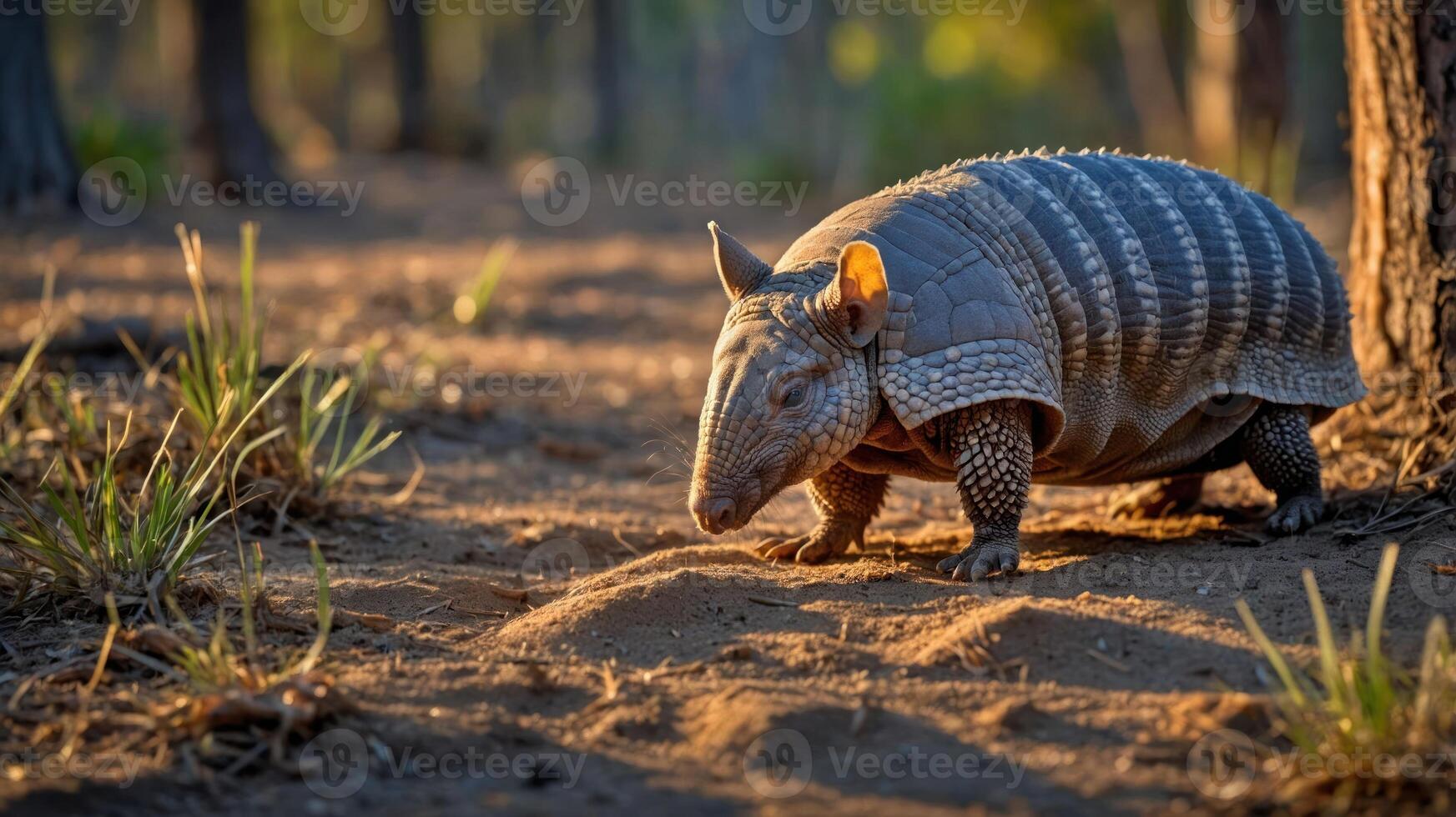 A close-up of an armadillo walking on a forest path during golden hour. photo