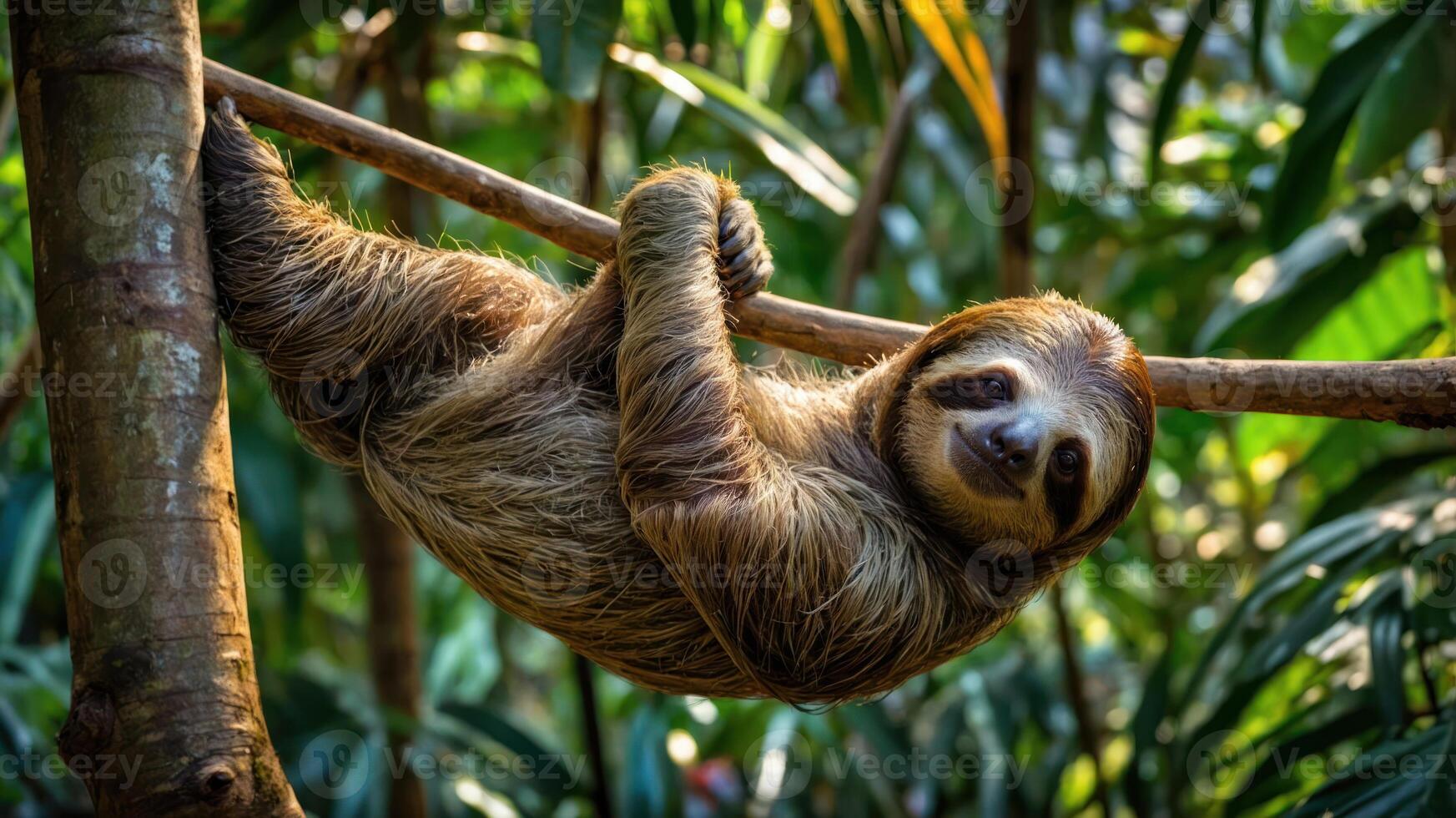 A sloth hanging from a branch in a lush, green environment. photo