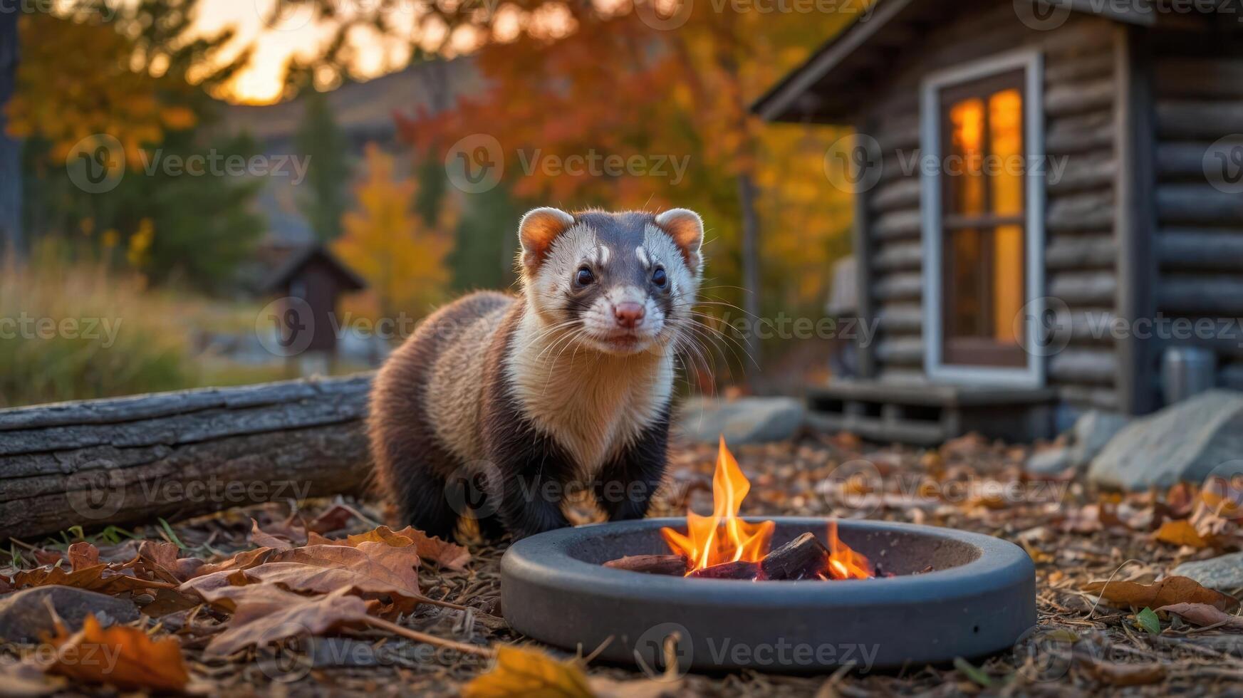 A playful ferret near a campfire in a scenic autumn setting. photo