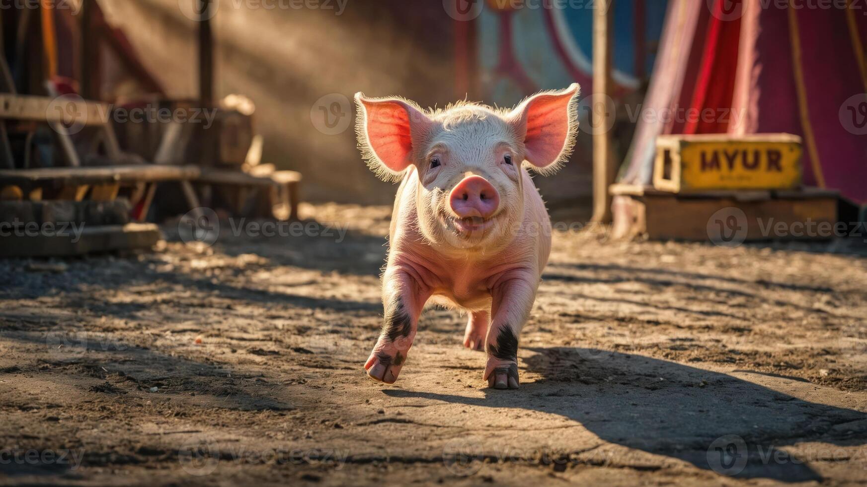 A playful piglet runs joyfully in a dusty setting, evoking a sense of whimsy and freedom. photo