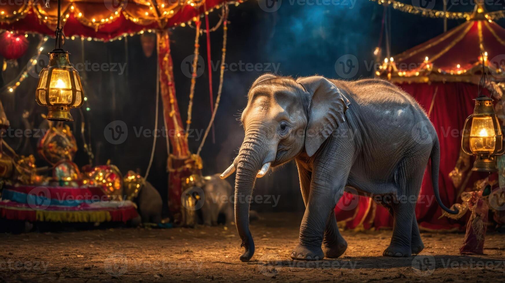 A serene elephant in a vibrant circus setting, illuminated by lanterns and decorations. photo