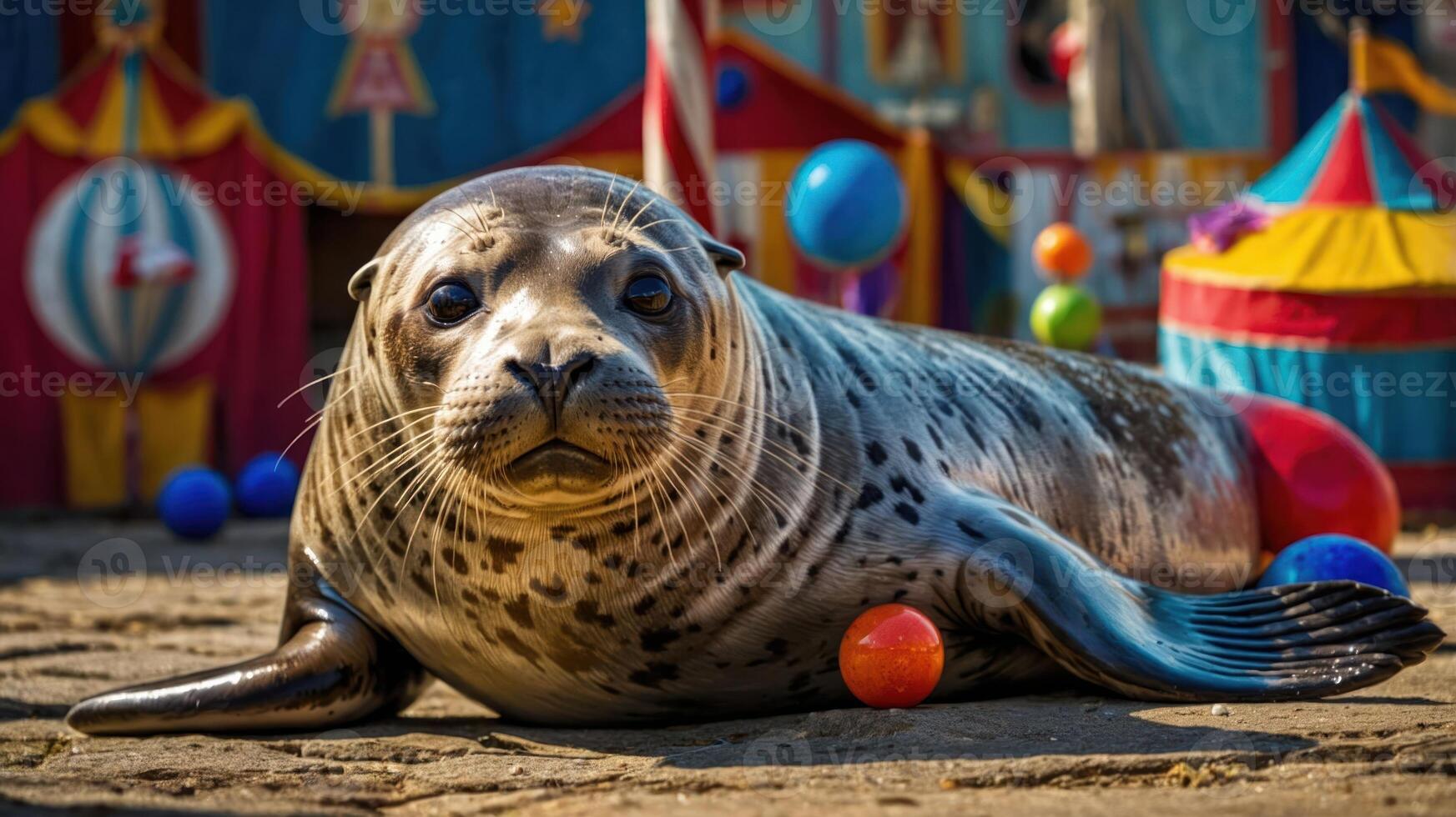 A seal lounging in a circus setting with colorful balls around it. photo