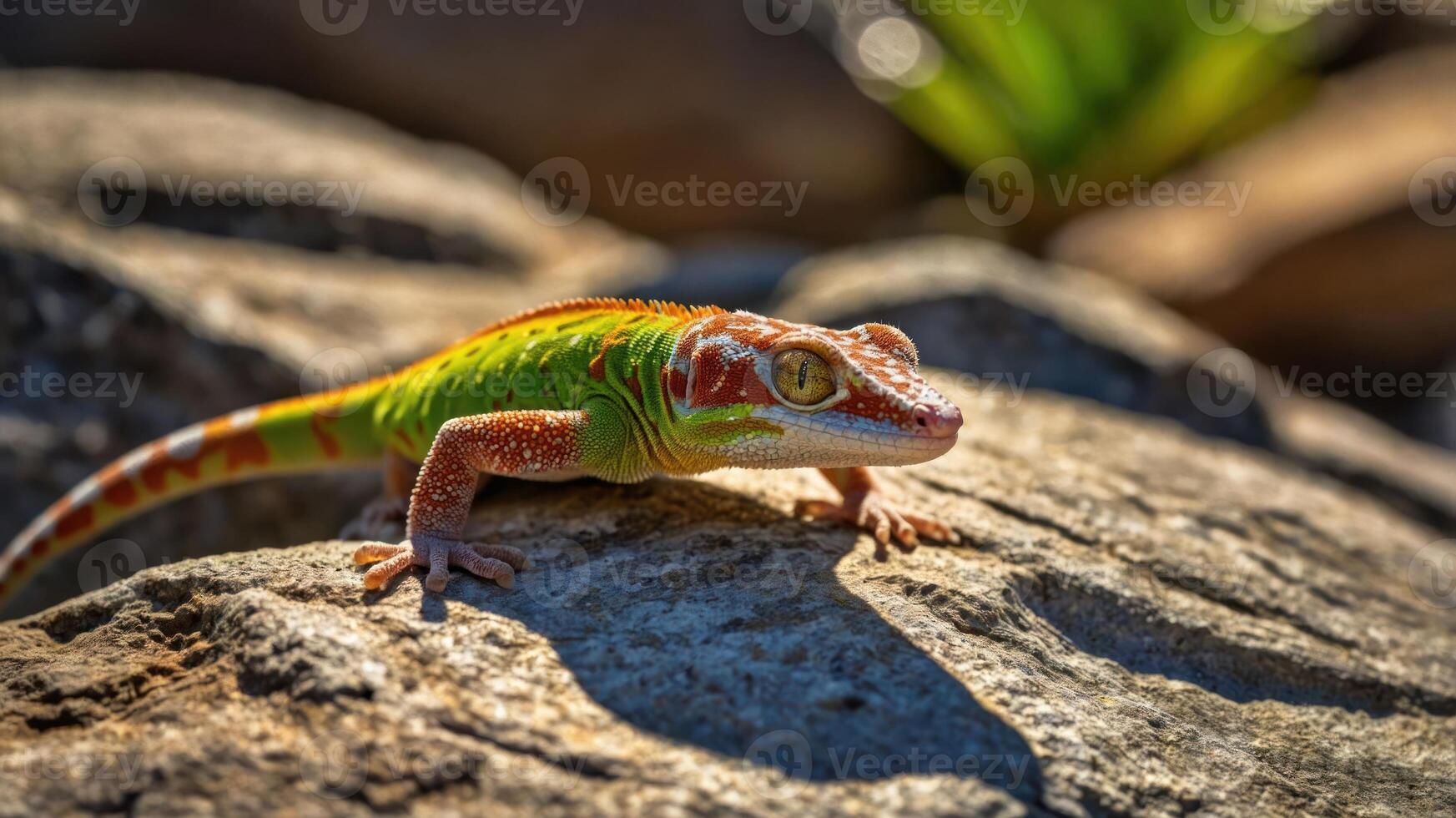 A colorful gecko perched on rocks, showcasing its vibrant patterns in natural light. photo