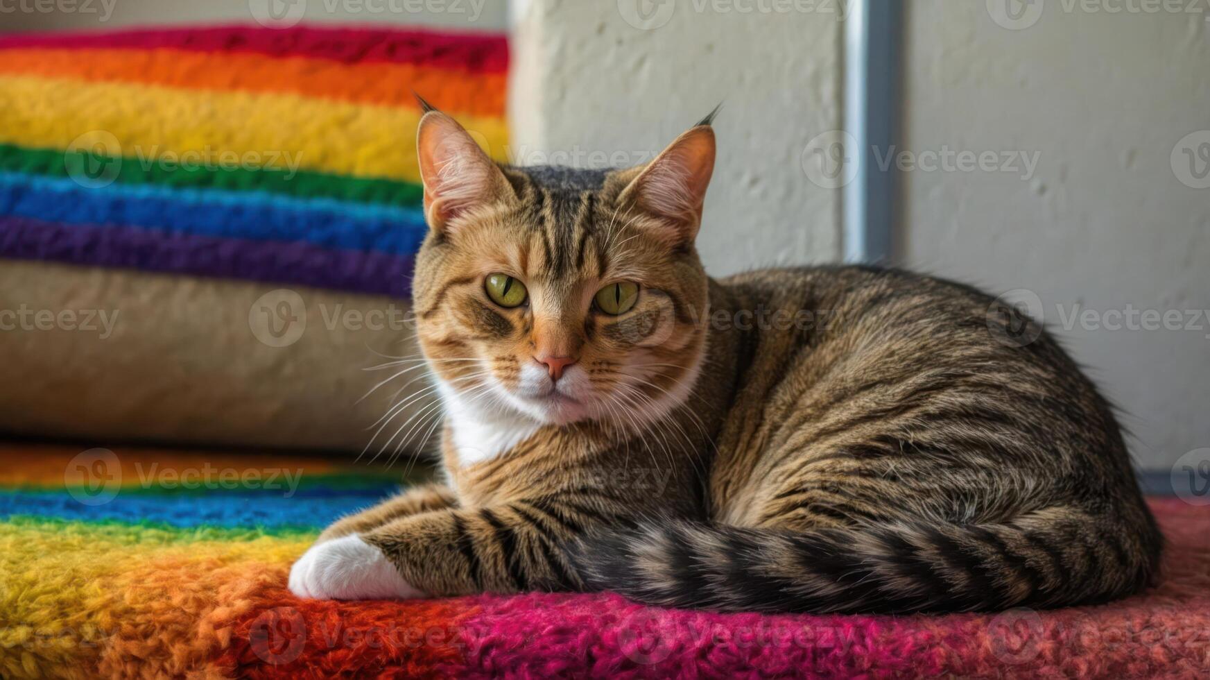 A tabby cat lounging on a colorful rainbow blanket, exuding tranquility and charm. photo