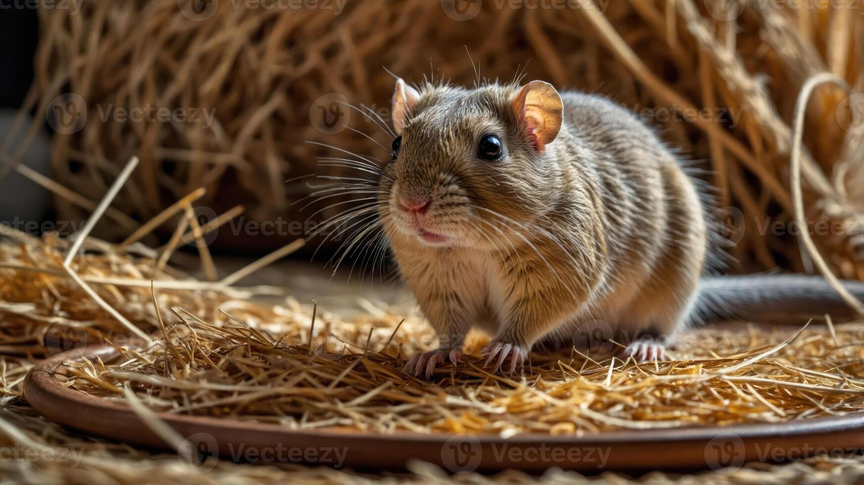 A close-up of a small rodent on straw, showcasing its features and natural habitat. photo
