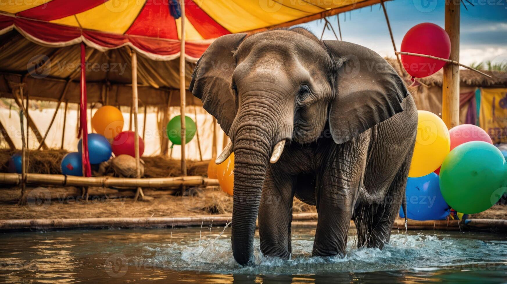 An elephant plays in water under a colorful circus tent surrounded by balloons. photo