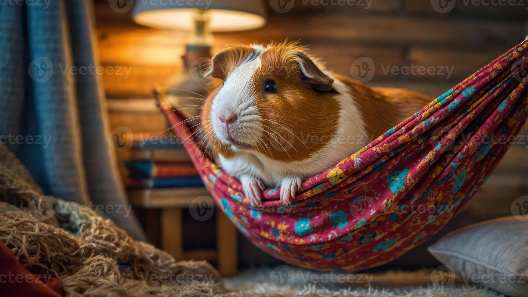 A guinea pig relaxing in a colorful hammock in a cozy indoor setting. photo