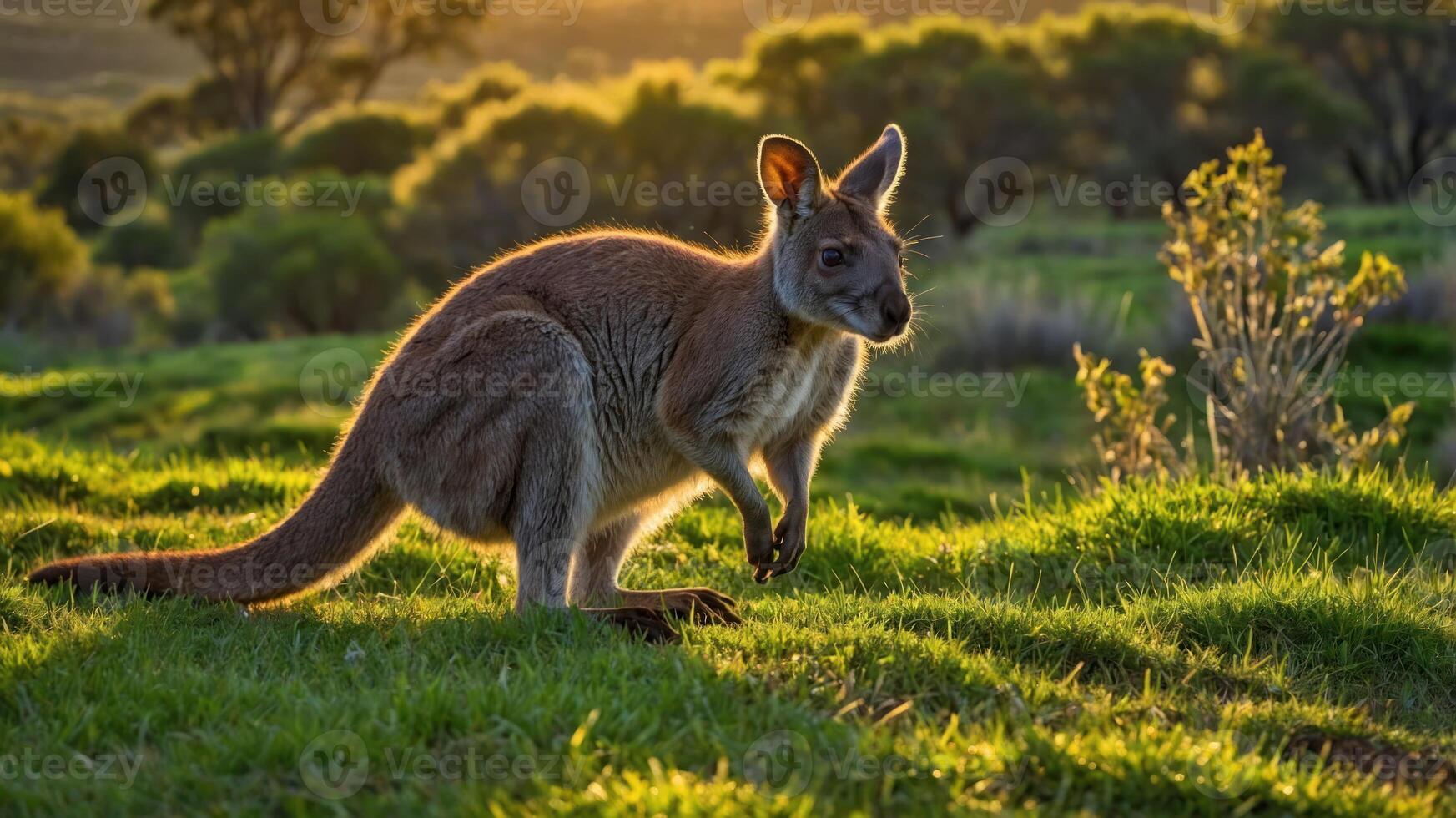 A kangaroo stands gracefully on green grass during sunset, showcasing its natural habitat. photo