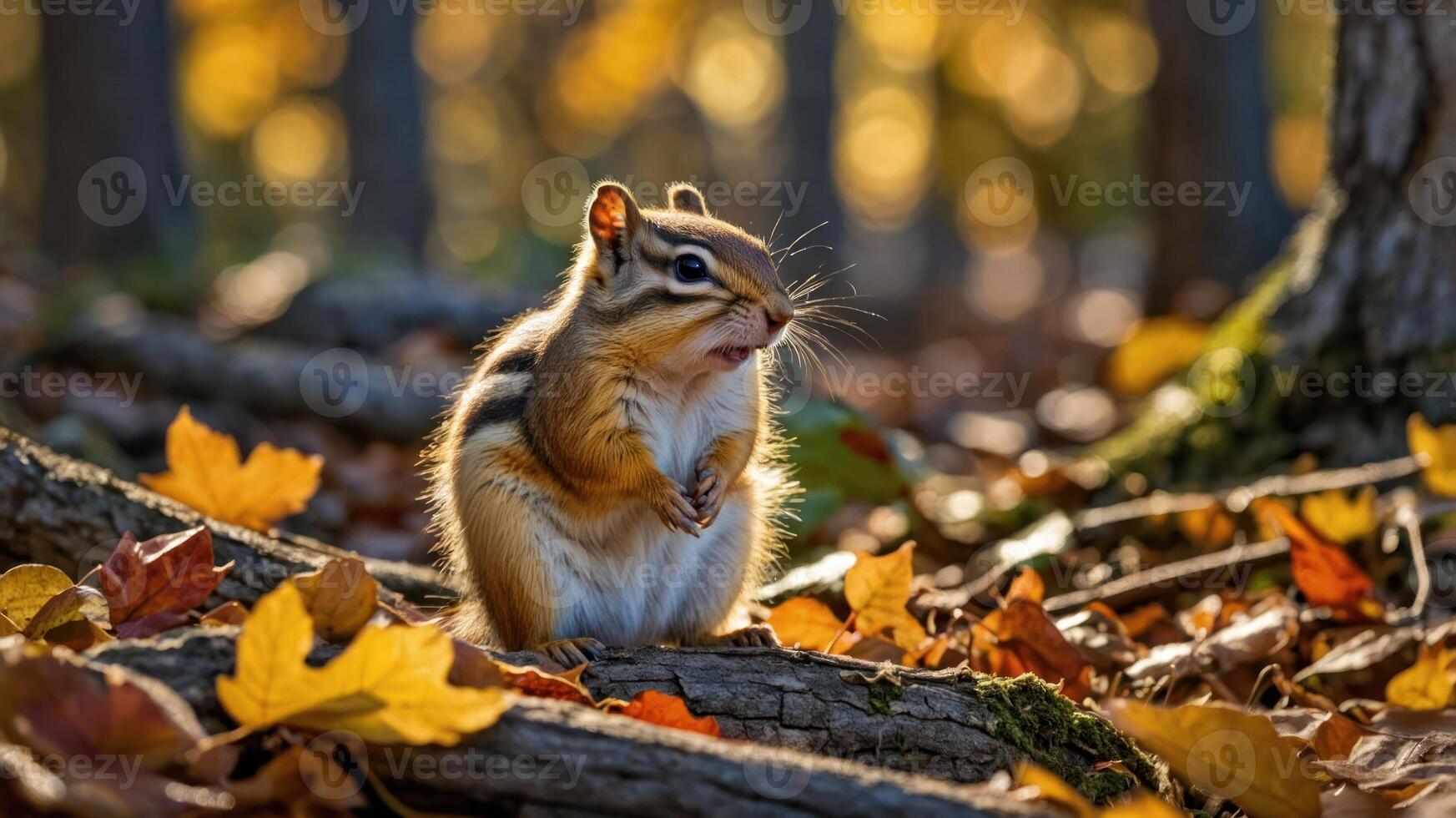 A chipmunk amidst autumn leaves in a forest setting. photo