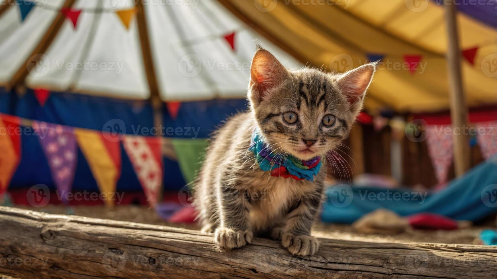 A playful kitten exploring a colorful tent filled with festive decorations. photo