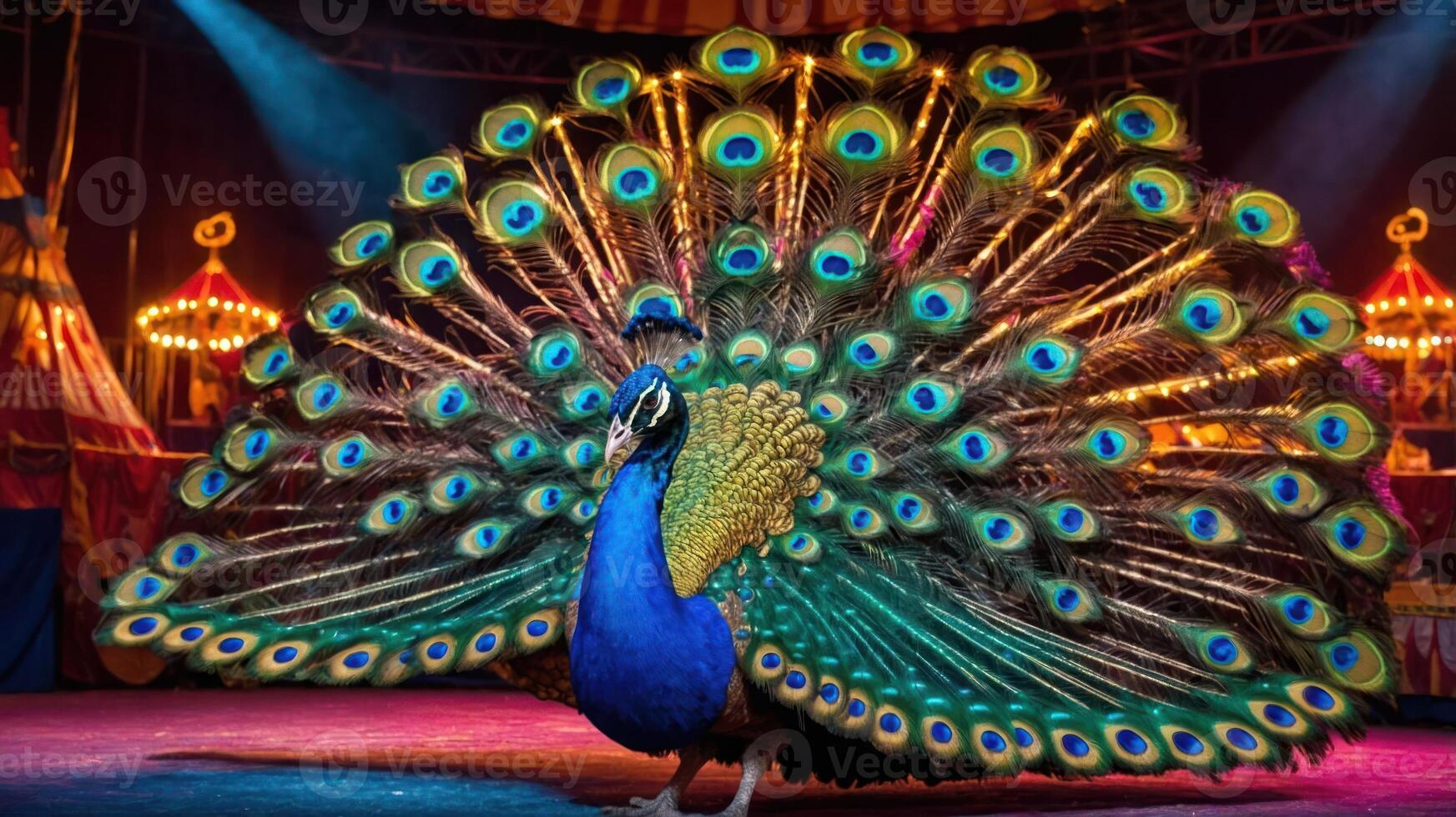 A vibrant peacock displaying its feathers in a circus-like setting. photo