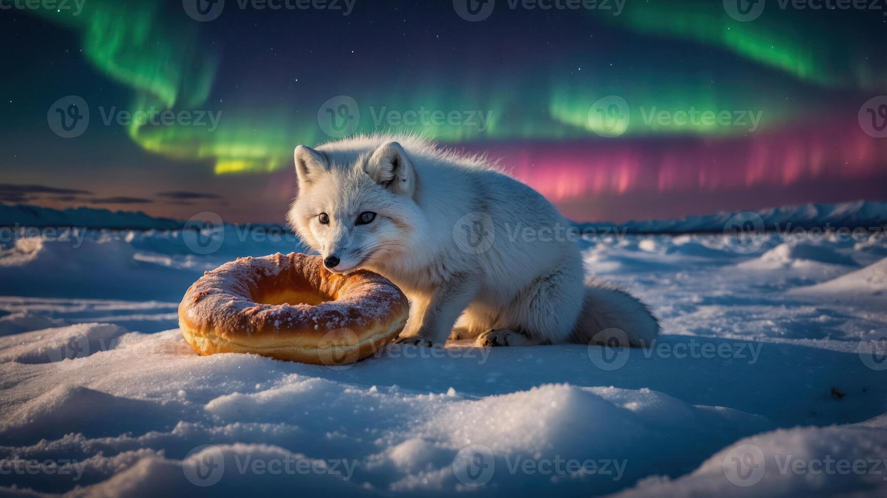 A white fox enjoys a donut under the colorful northern lights in a snowy landscape. photo