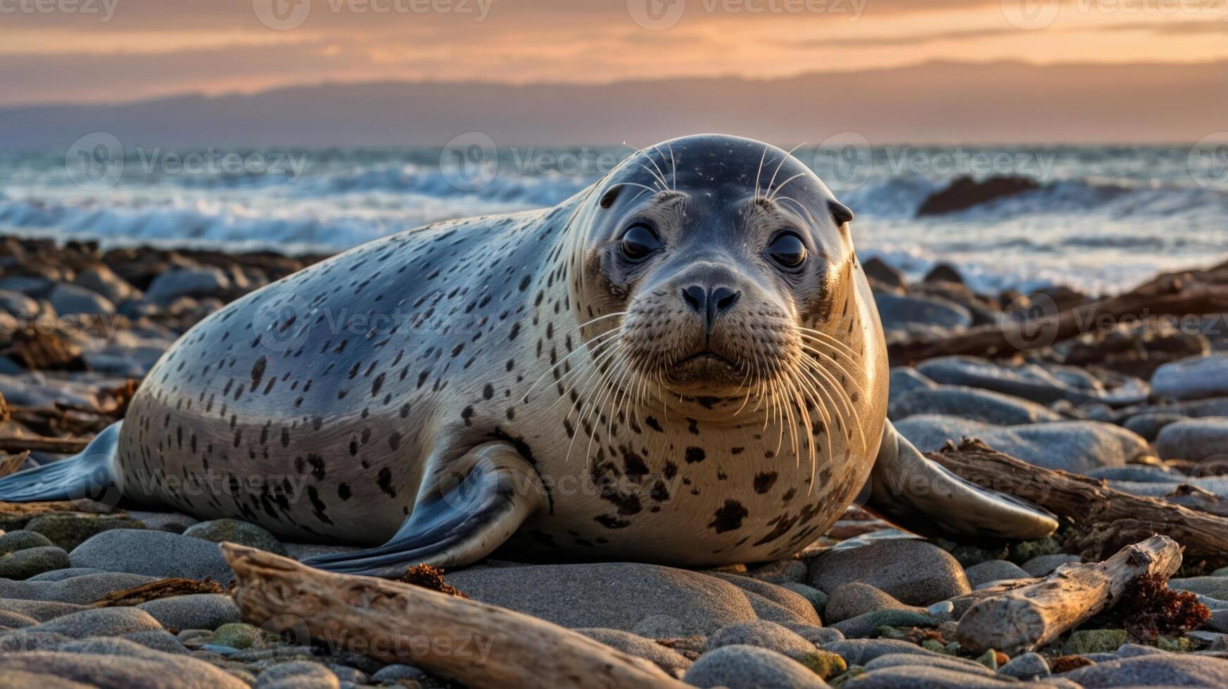 A seal resting on a rocky beach with a sunset backdrop. photo