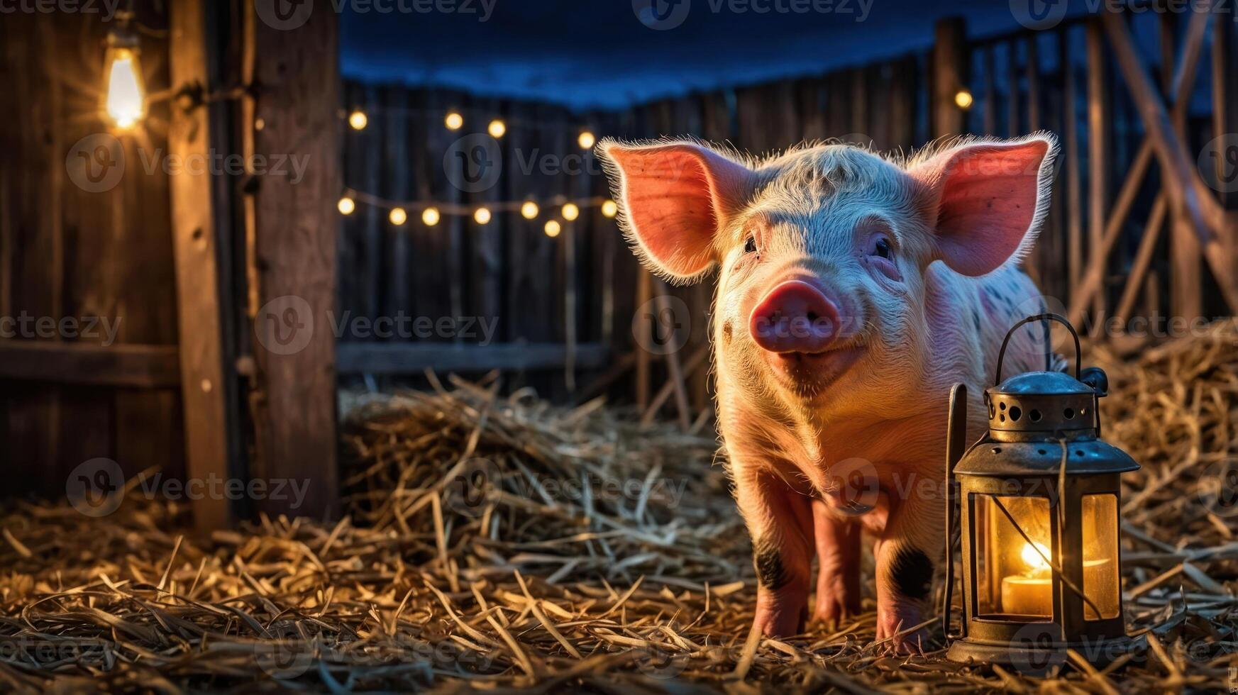 A cheerful piglet stands in a barn, illuminated by a lantern amidst straw and string lights. photo