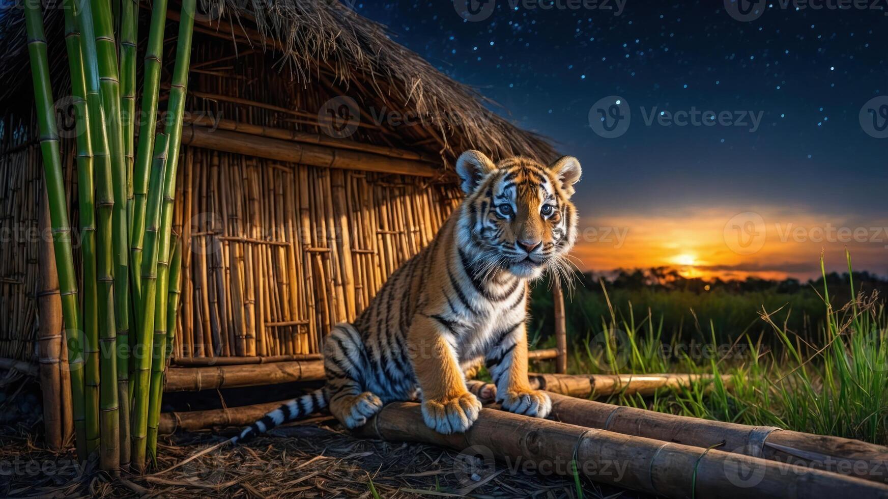 A tiger sits on a log near a bamboo hut at sunset, surrounded by lush greenery. photo