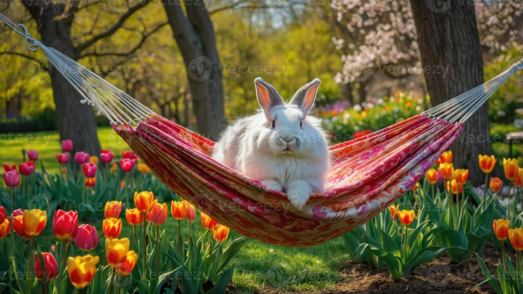 A fluffy rabbit lounging in a colorful hammock surrounded by blooming tulips in a serene garden. photo