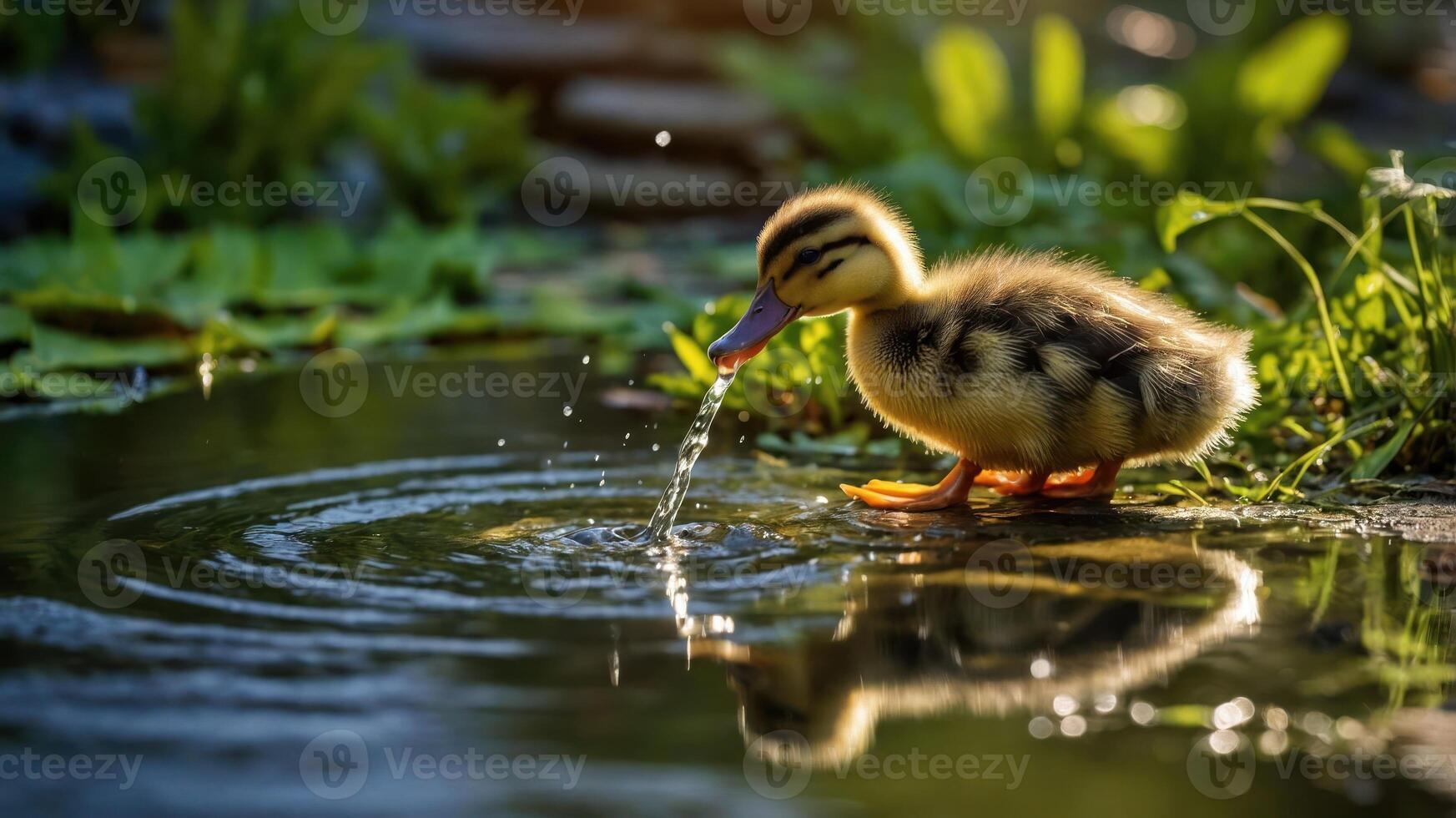 A duckling playing by the water, creating ripples in a serene natural setting. photo