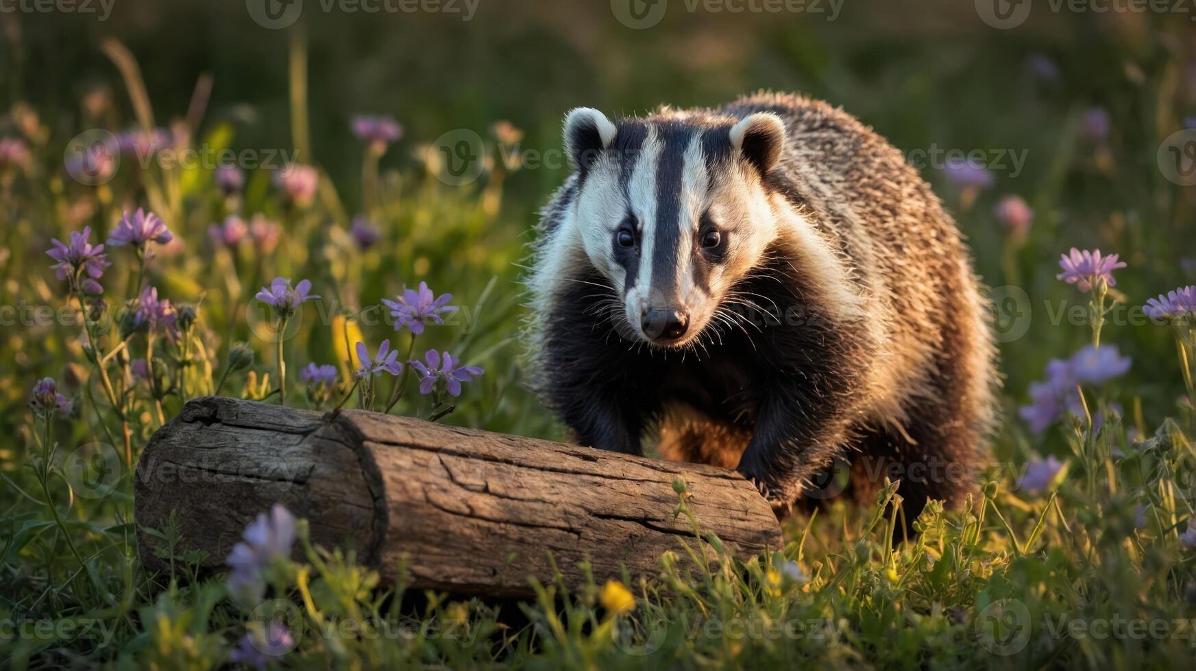 A badger exploring a grassy field adorned with colorful wildflowers. photo