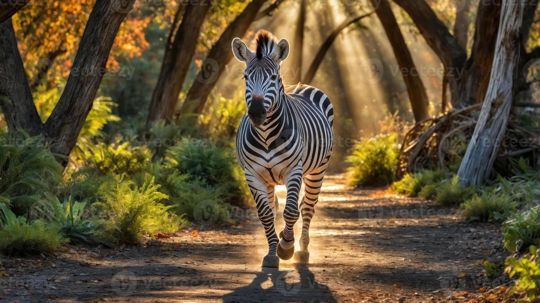 A zebra walks along a sunlit path framed by trees in a serene natural setting. photo