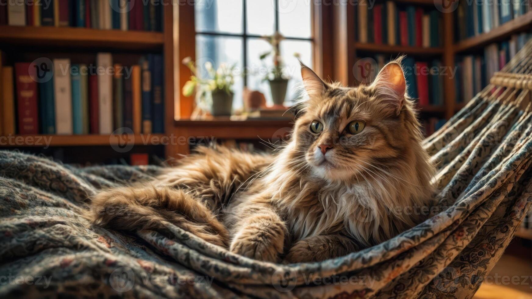 A fluffy cat relaxes in a hammock surrounded by books and plants in a cozy room. photo
