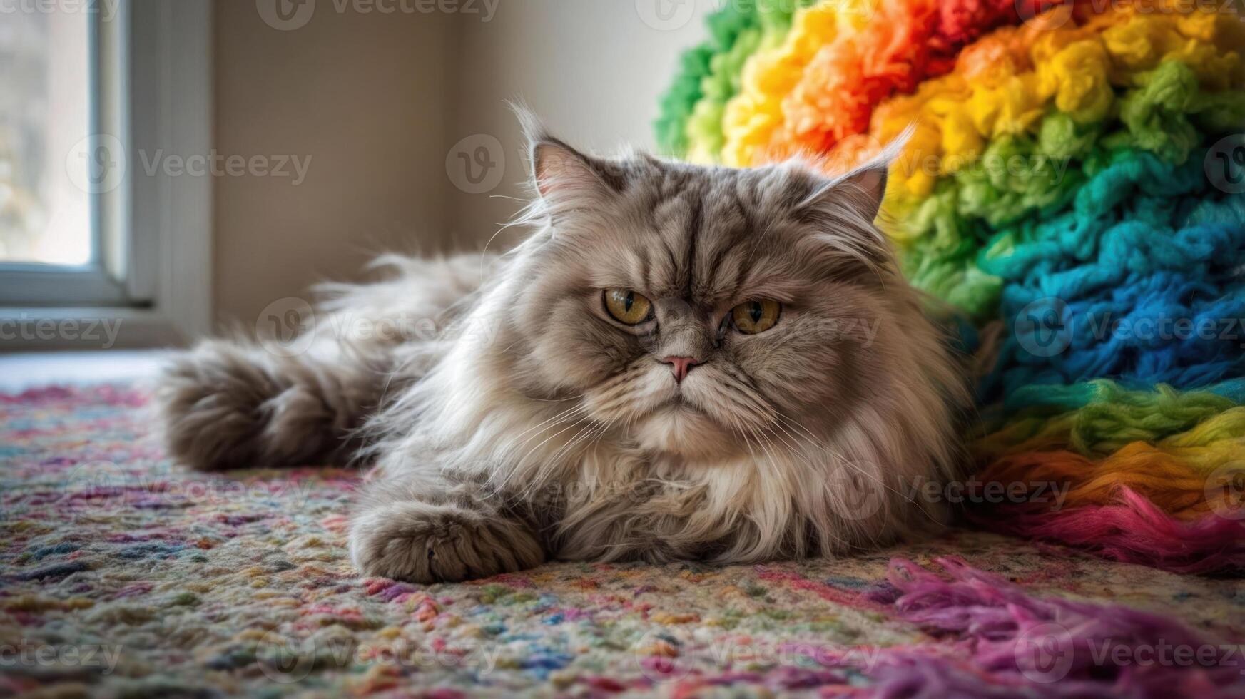 A fluffy gray cat lounging on a colorful rug near a window. photo