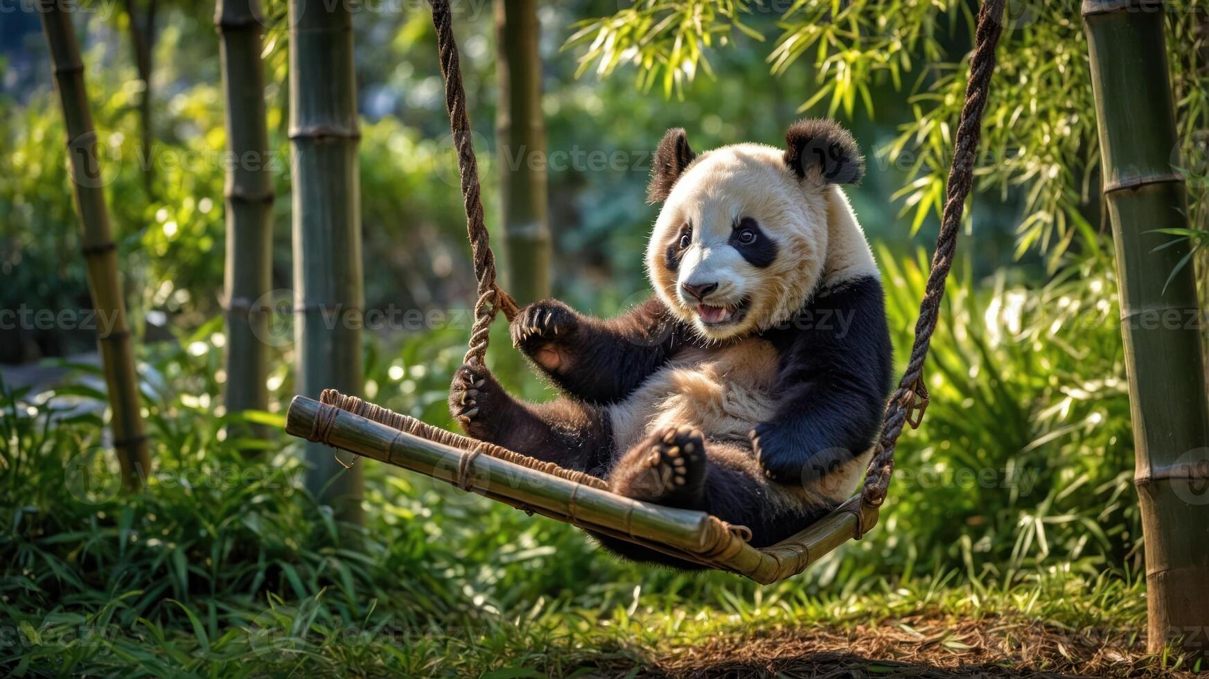 A panda joyfully swinging on a bamboo swing in a lush green environment. photo